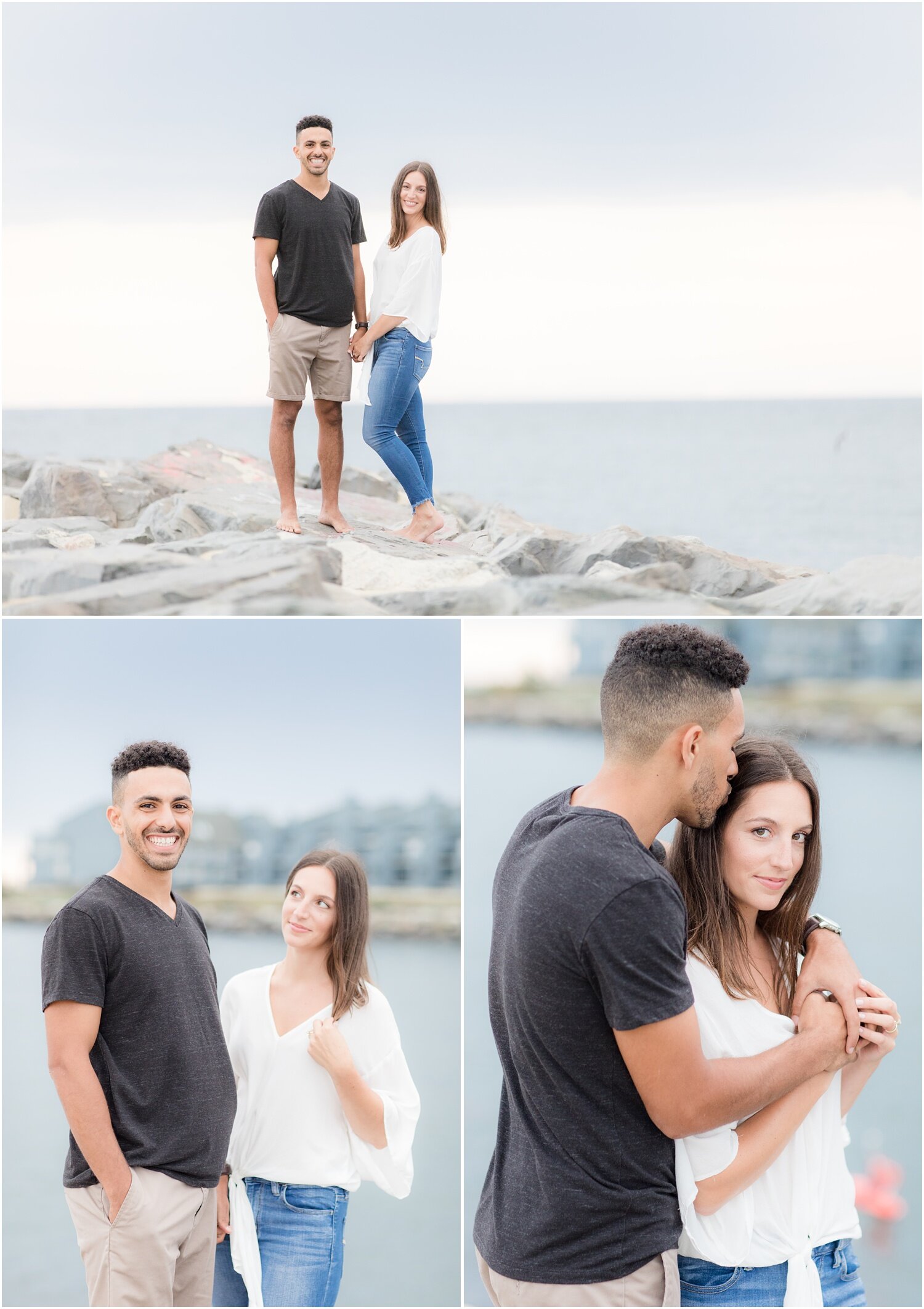 Engaged couple on a jetty at the Manasquan Inlet.