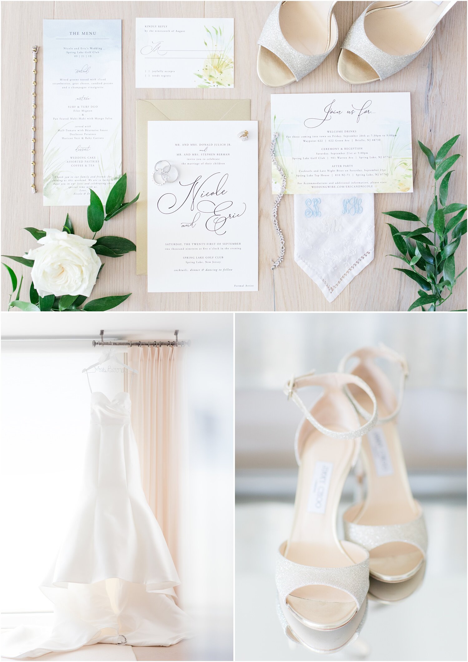 Simple classic wedding invitations with shoes, rings, Monique Lhuillier wedding dress, Jimmy Choo shoes and loose flowers.