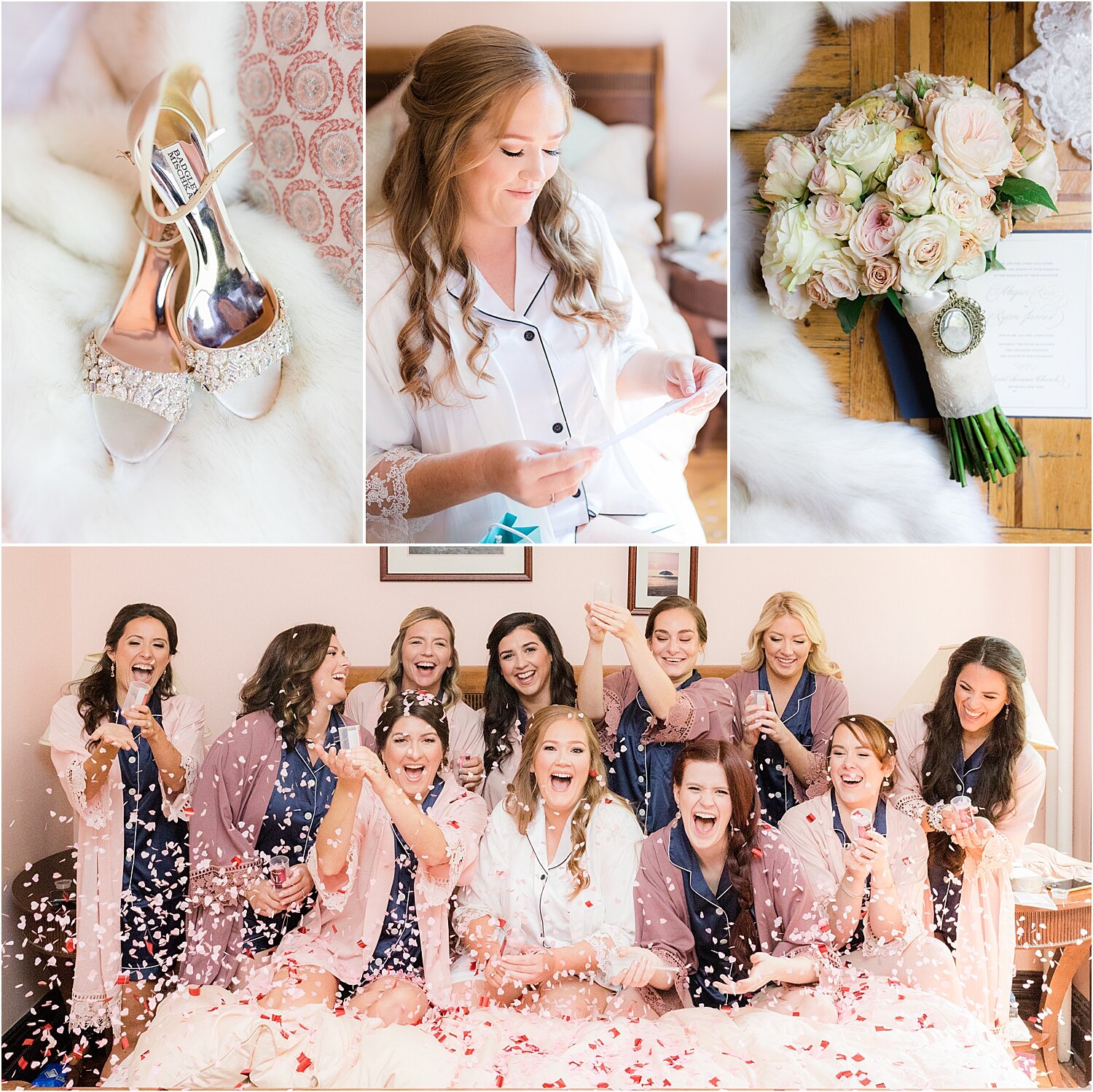 bride and bridesmaids pop confetti on the bed