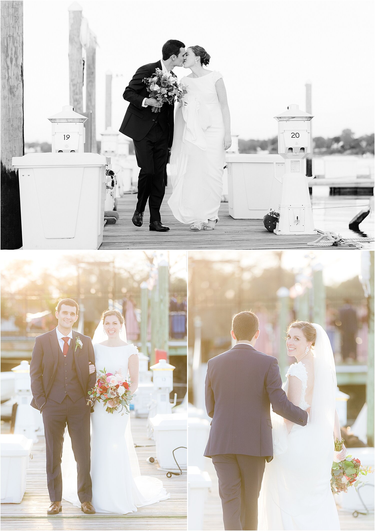 bride and groom photo at sunset at oyster point hotel