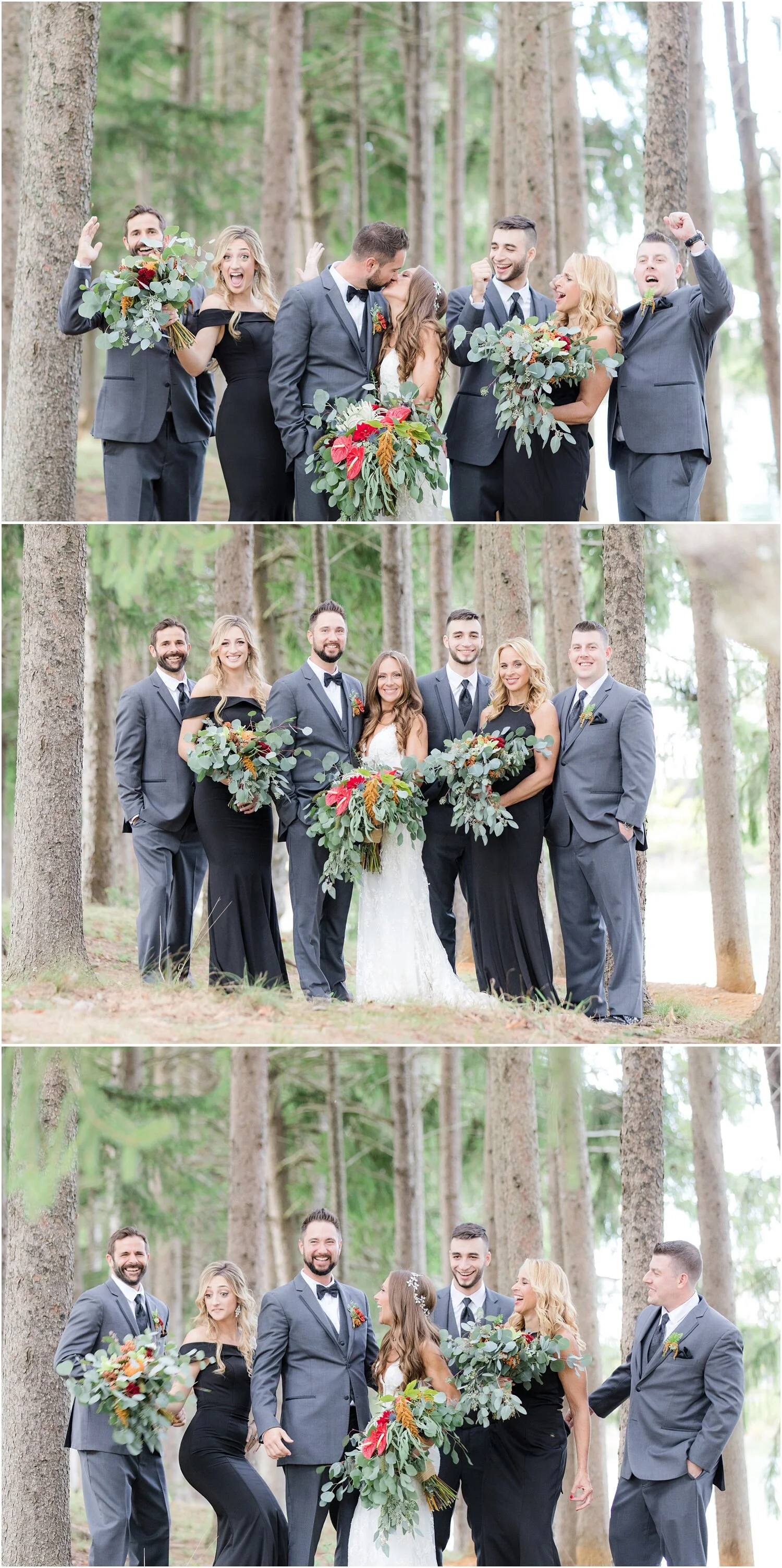 Fun bridal party photos in a forrest setting in Millstone NJ.