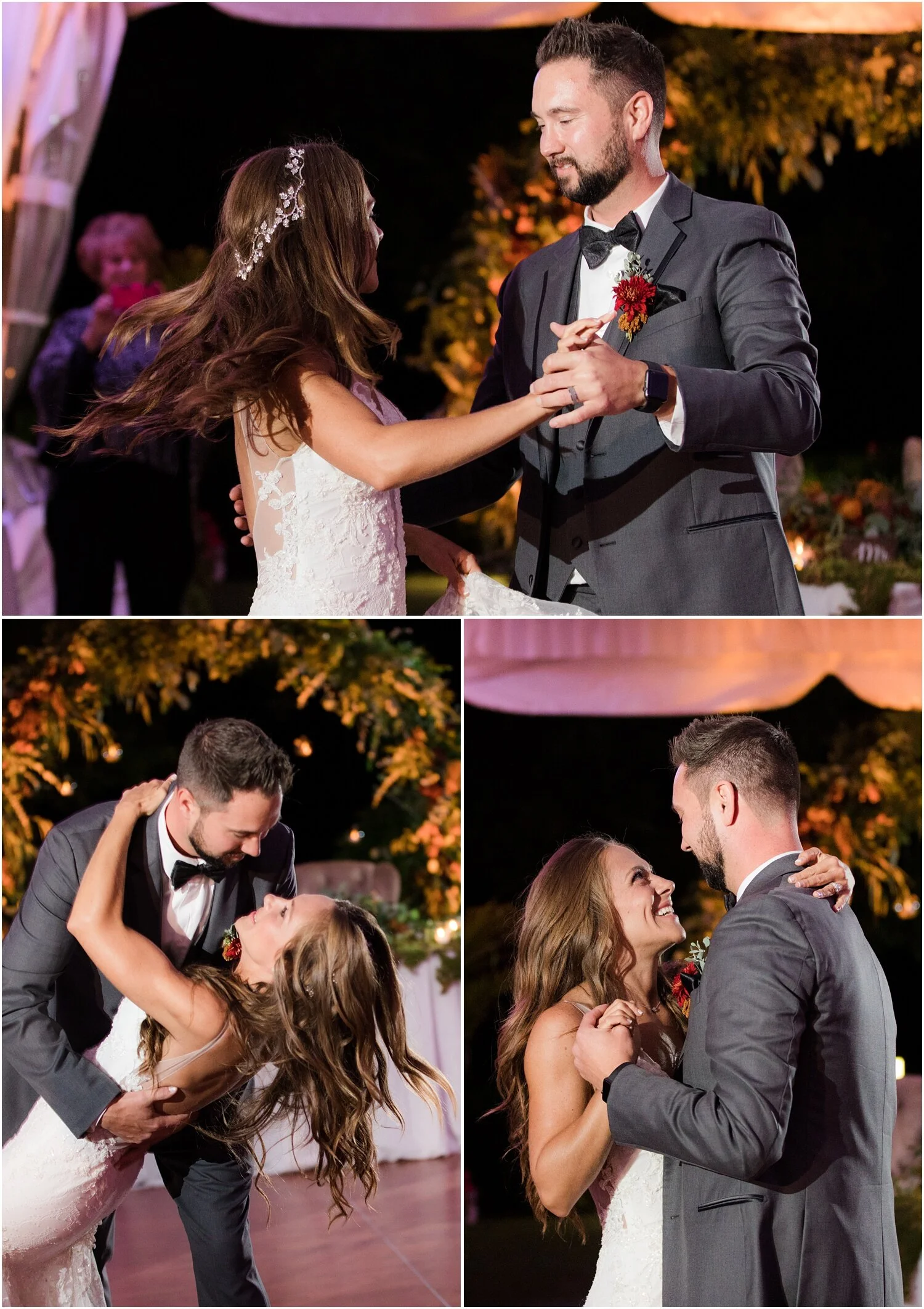 First dance at tented reception at windows on the water frogbridge.