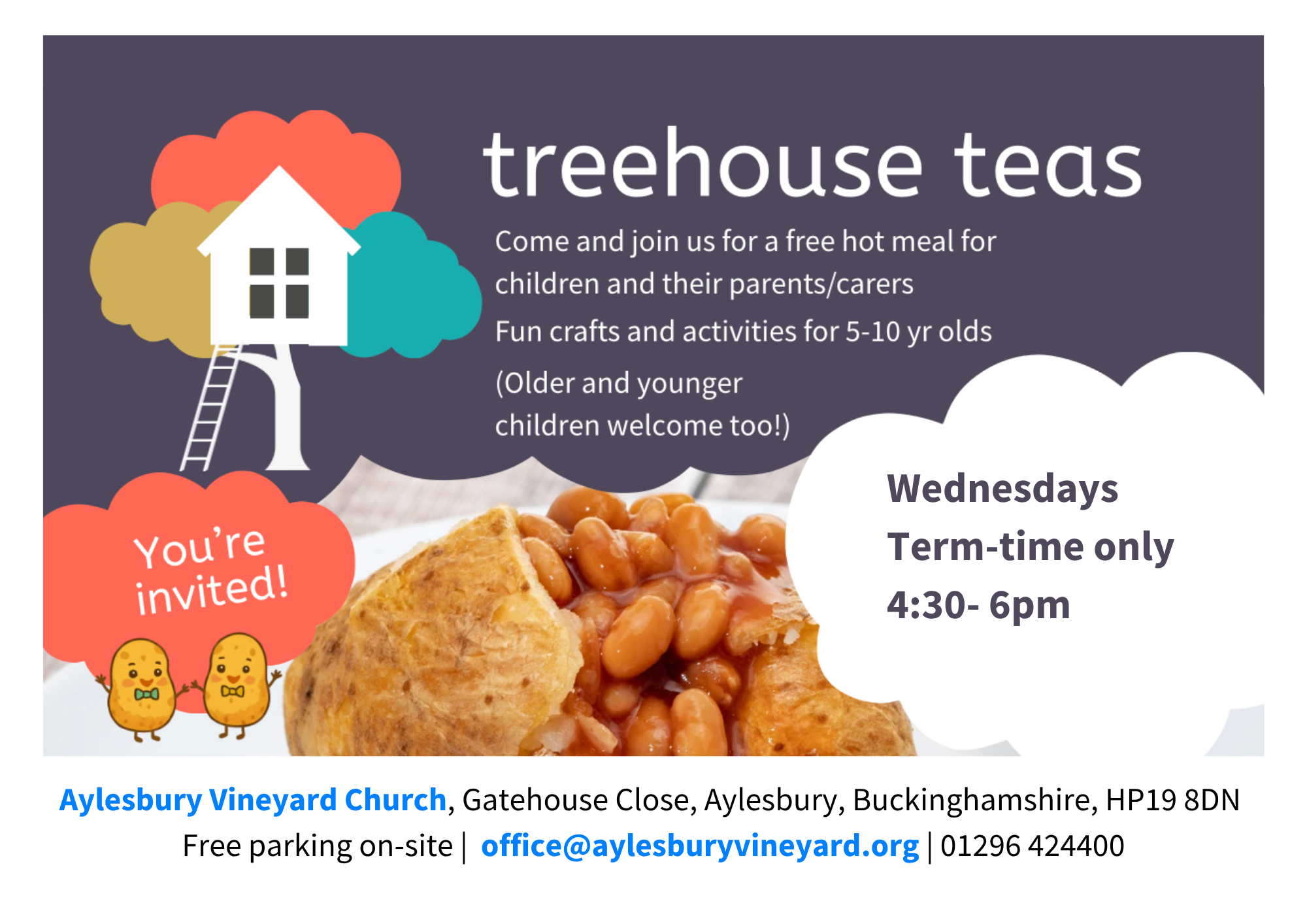 Come and join us for a free hot meal for children and their parent/carers. Fun crafts and activites for 5-10yr olds (Older and younger children welcome too!)