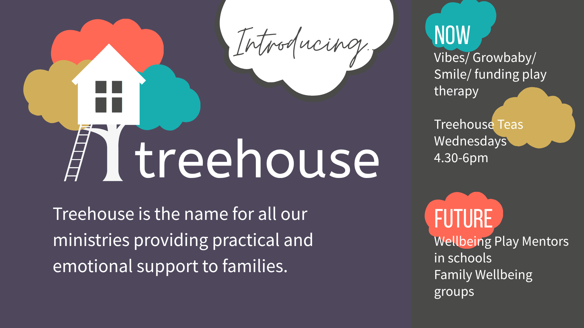 Treehouse is the name for all our ministries providing practical and emotional support to families.