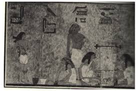 Egyptian wall art depicting two women weaving on a horizontal loom.