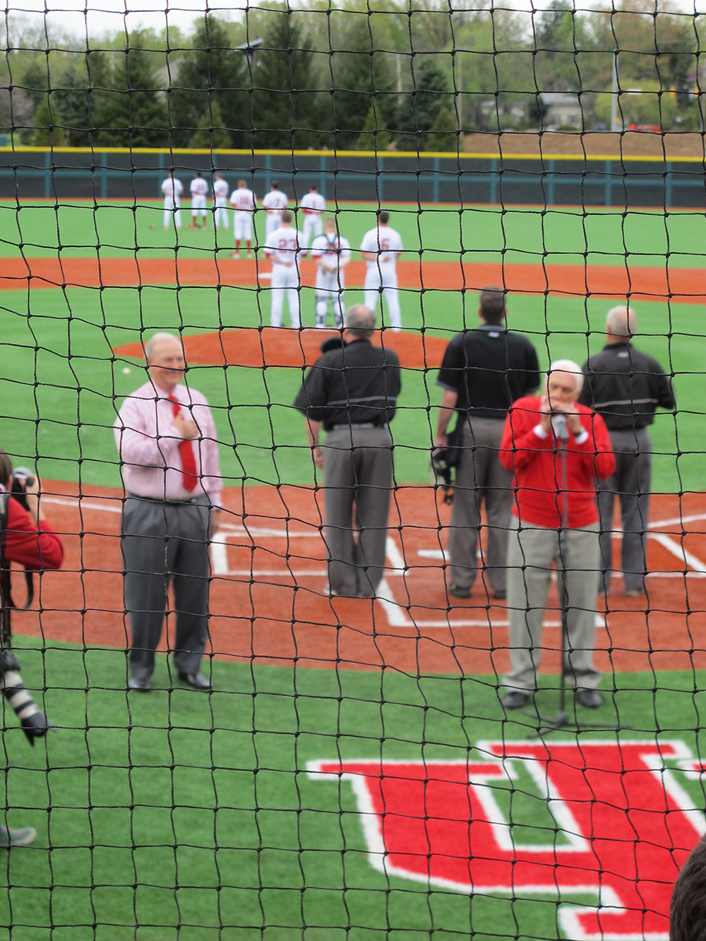   Legendary Dodger Carl Erskine leads the crowd at Bart Kaufman Field in the National Anthem.  