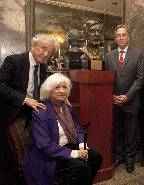  Elie Wiesel Bust Dedication, October, 2012, 92nd Street Y, New York, NY with Elie and Marion Wiesel and sculptor Marc Mellon. 