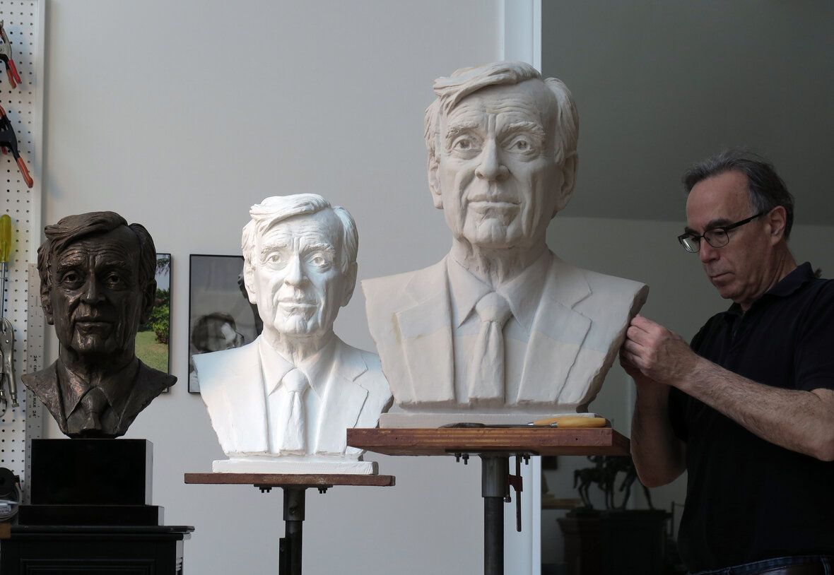 Marc refining the enlarged model for the Elie Wiesel Plaza bronze, Mellon Studio, Redding, CT.