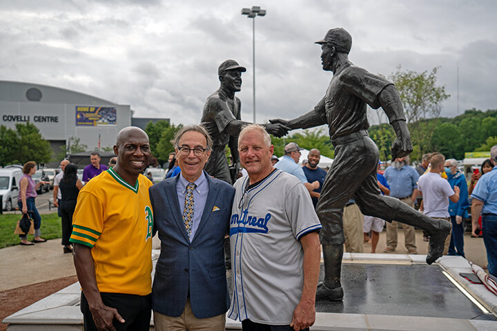   Co-chair of the project committee Herb Washington with Mellon and&nbsp;Mike Shuba, George Shuba's son, who worked with his father to teach schoolchildren the history of the historic handshake.  