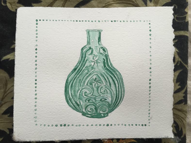 This is a card I just made for Paul featuring a glass scroll flask, which is a very collectable type of handblown bottle. They come in such pretty colors and designs! You will probably be seeing some more bottle paintings in the near future...