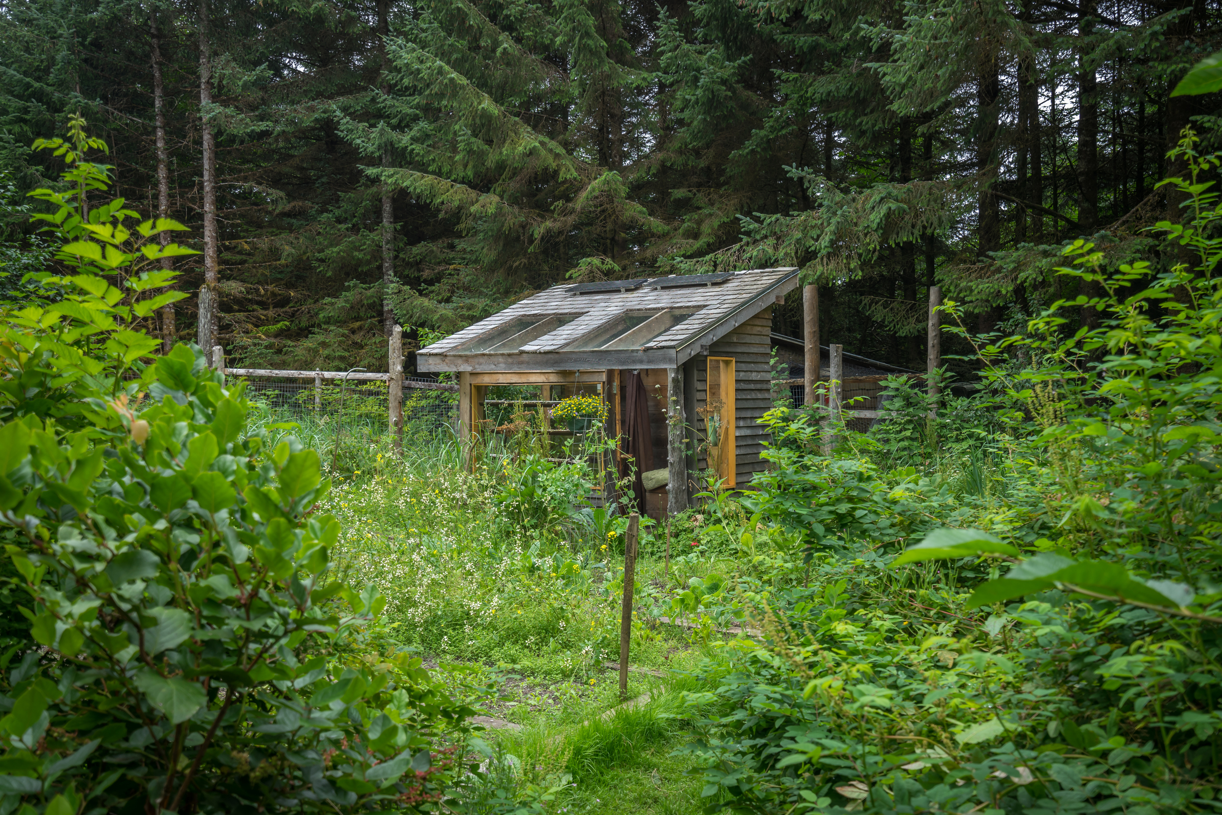 There is a central shower house located in the garden. The water is heated by propane tanks.