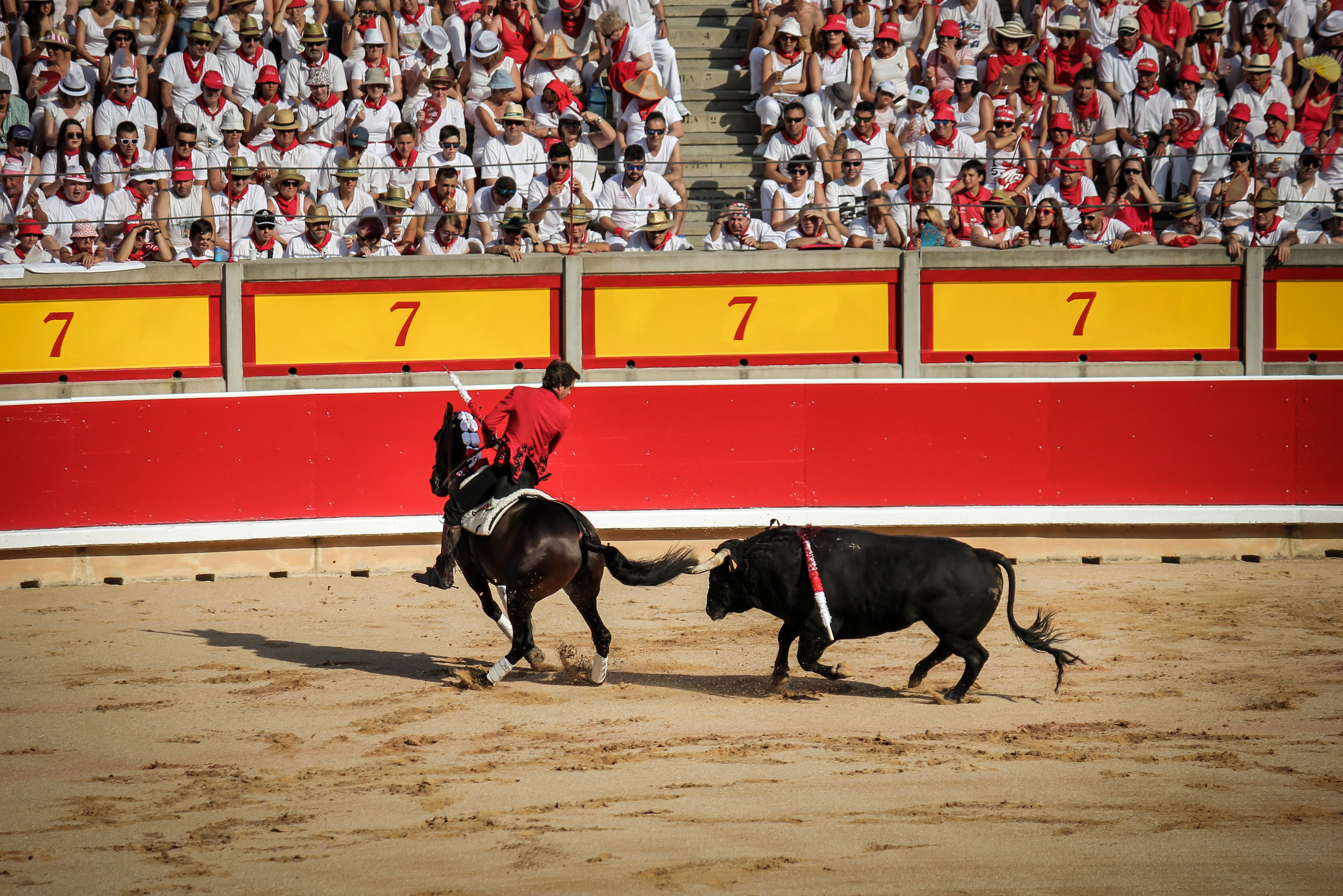 The opening bull fights are done on horseback.