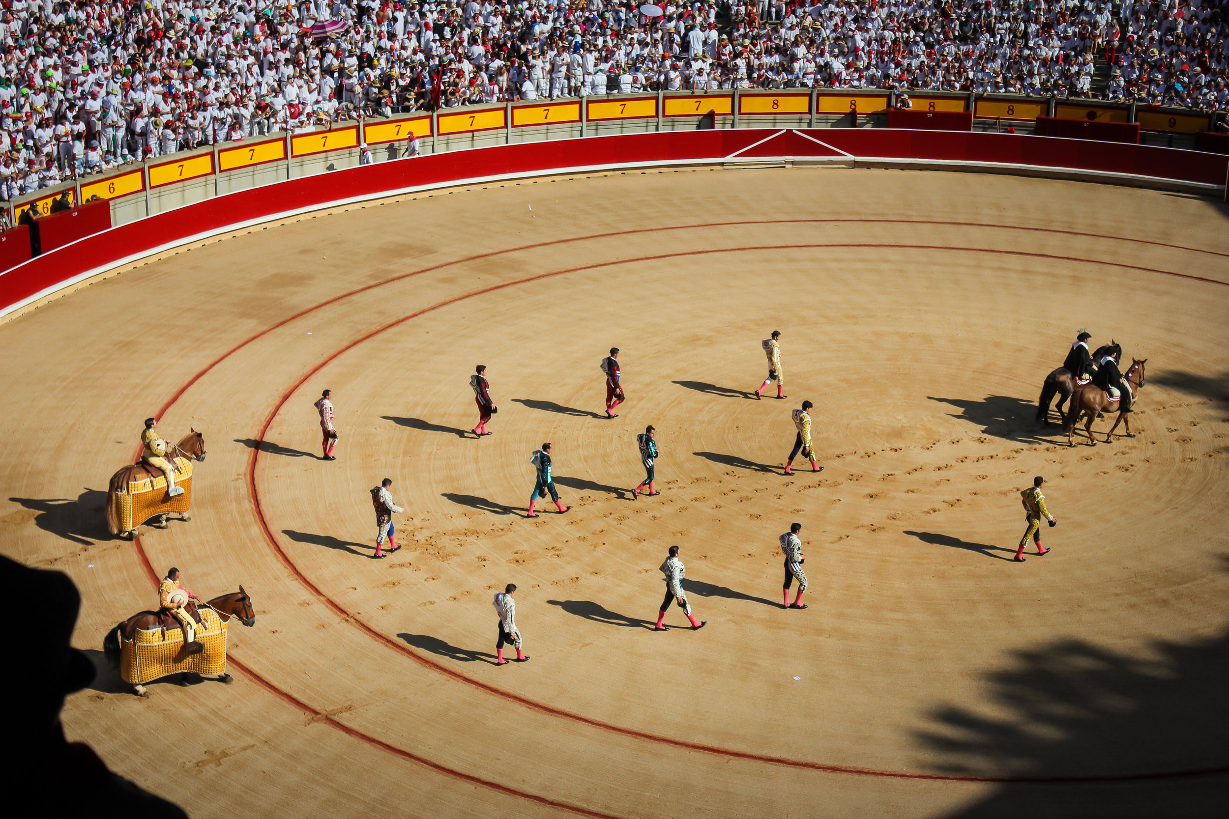 The opening parade as the matadors and helpers greet the mayor who ironically is against bullfighting. Due to rules and tradition he must judge the fights every year.