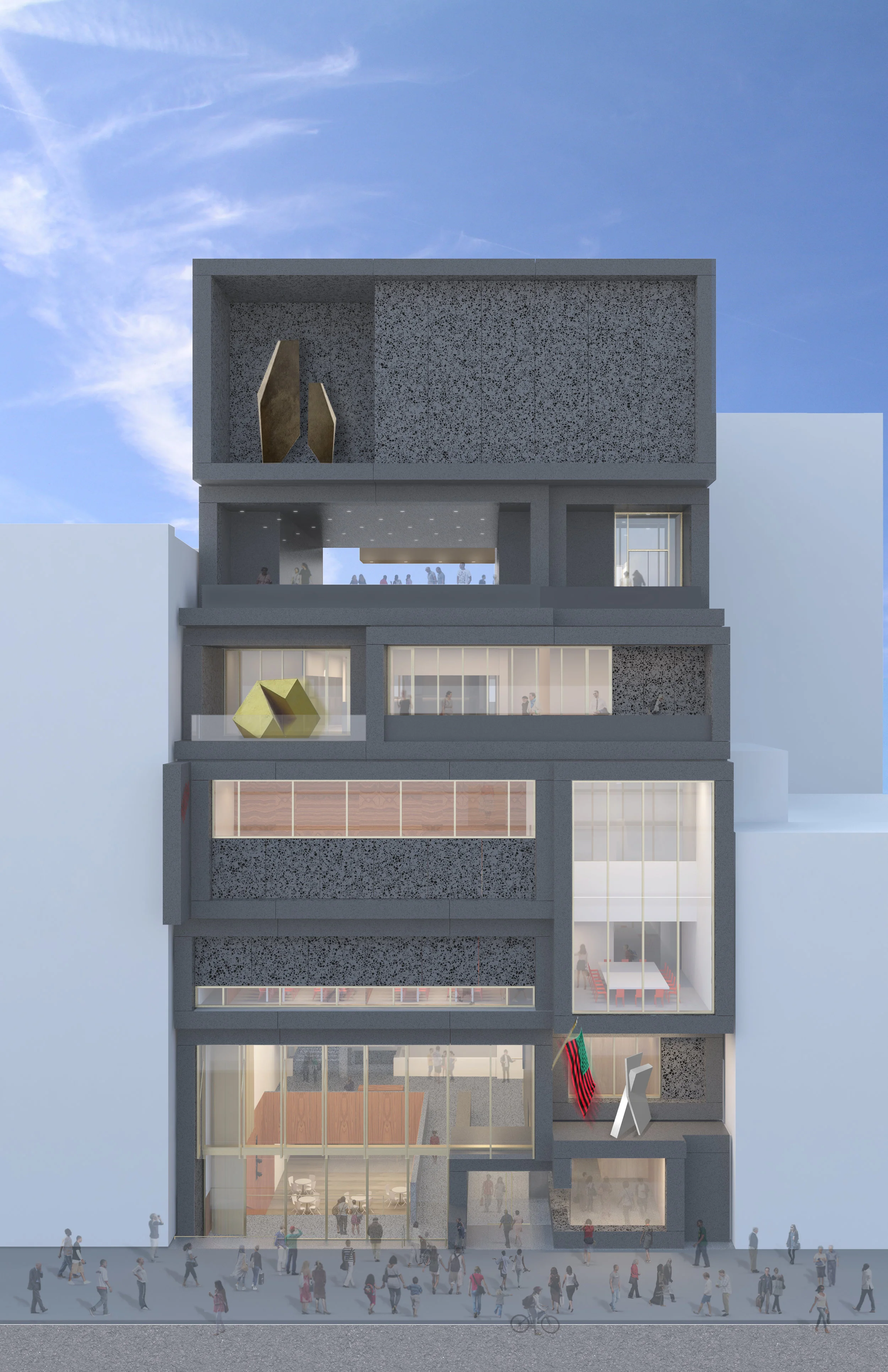 View of Main Entrance from 125th Street. Below: Interior View of Lobby (left); Third Floor Double-Height Gallery (top right); Street Level View of Main Entrance. (bottom right). Courtesy Adjaye Associates