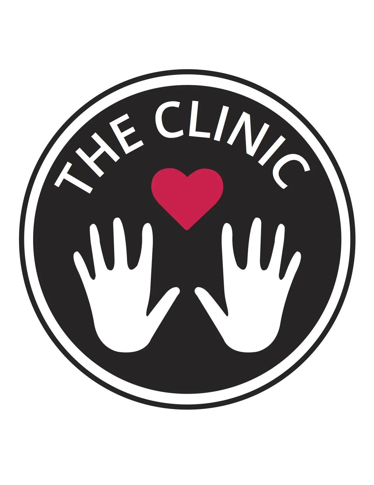 The Clinic logo is composed of an image of two hands surrounding a red heart