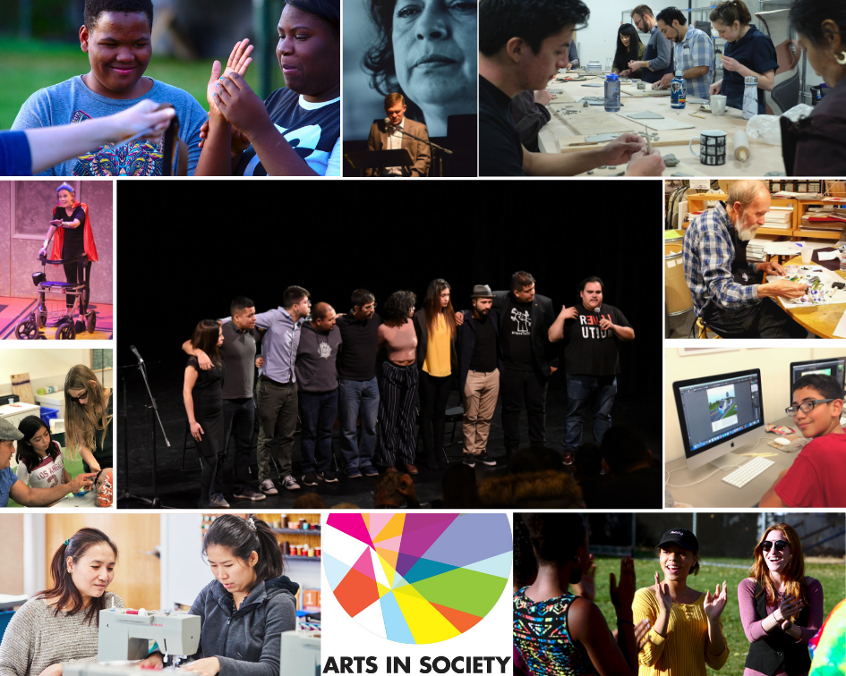 A selection of Arts in Society grantees and projects are pictured here. From top Left to Right (clockwise): Mirror Image Arts, Motus Theater, Los Seis de Boulder, The Unsteady Hand, Mirror Image Arts, ECDC African Community Center, Downtown Aurora Visual Arts (DVA), and Phamaly Theatre. Motus Theater is pictured in the center.