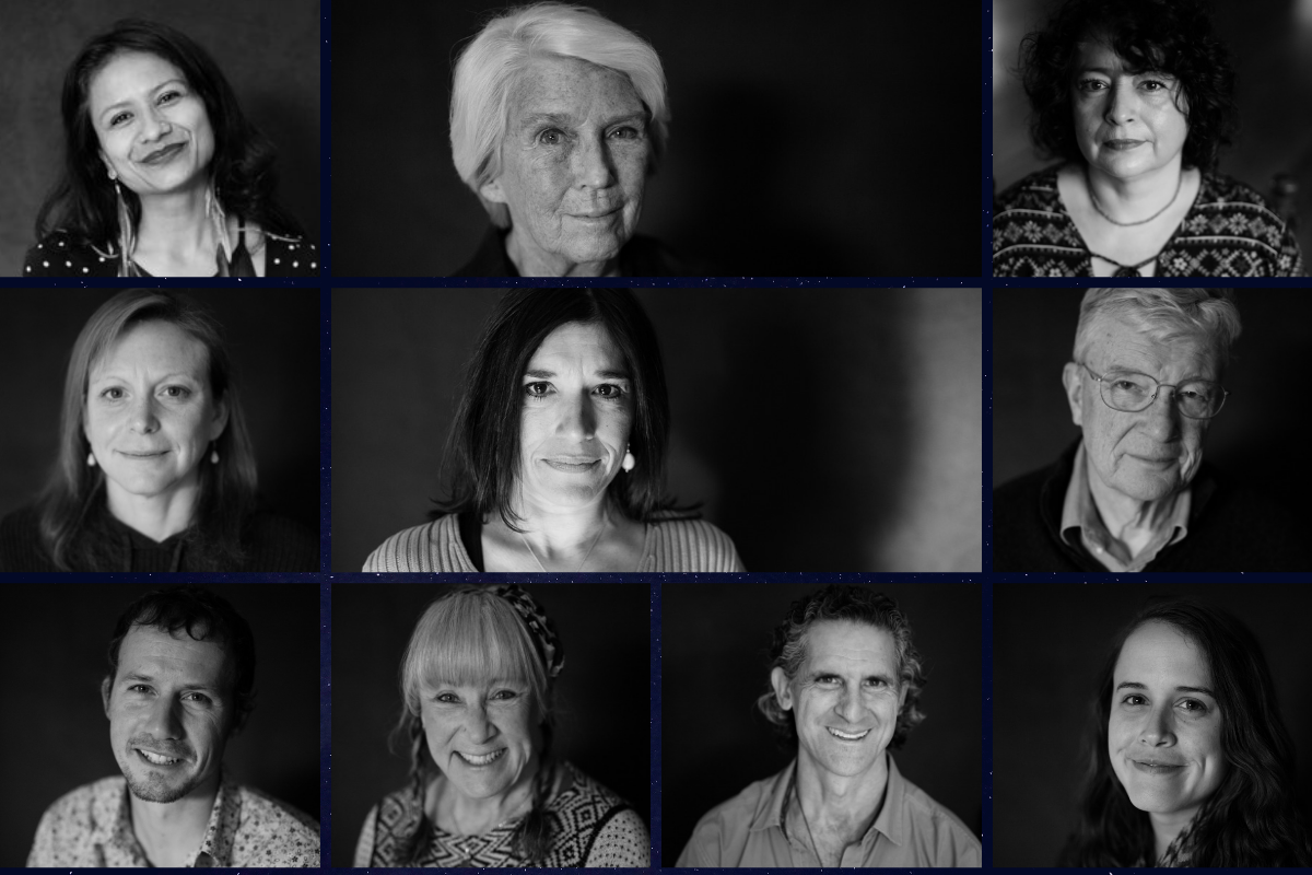 Residents of Mancos, Colorado shared their experiences of belonging in front of a live, local audience. From top left, clockwise: Wendolyne Omaña, Mary Quinn, Rosa Sabido, Jim Law, Tom Garcia, Sue Lowry, Gabriel Bernier, Lille Diane, and armida huerta in the center. Portrait by McCarson Leigh ( Red Scarf Shots )