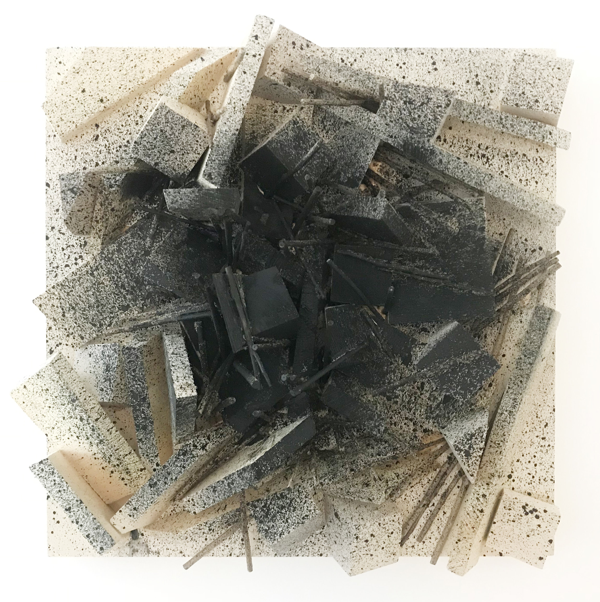 A bullet can crush peace. Oscillation and fear are spreading along with smoke of gunpowder, become infinite dark. This piece reflects the situation of post-war ruins reminds people never to stop striving for peace Wood, Oil spray