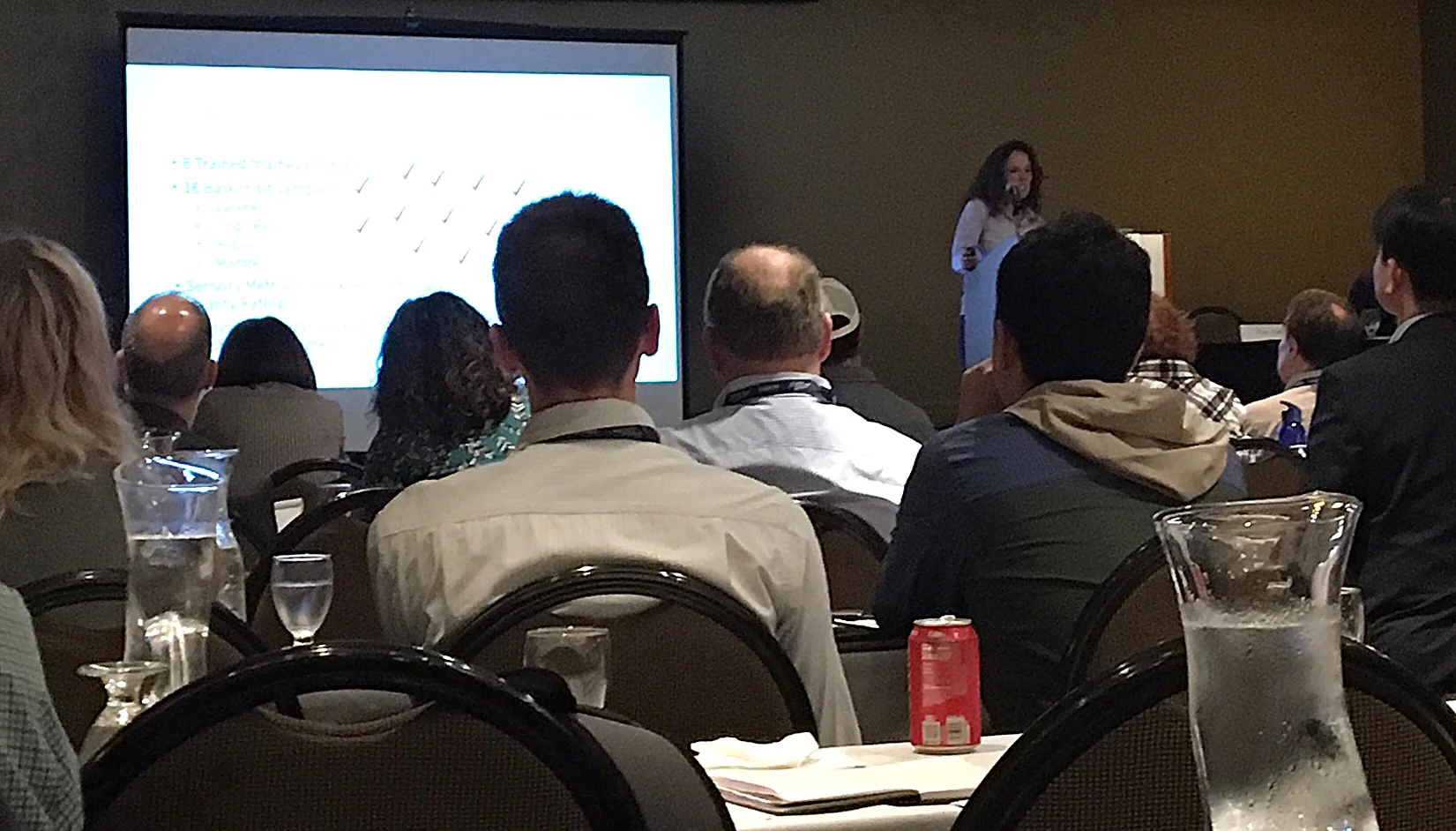 The presentations started bright and early on Monday morning. More than 20 of the smartest minds in the malting universe spoke about topics like “Identification of spring malting barley varieties adapted for local production in nontraditional barley growing areas” and “Friend or foe: A tale of malting barley free amino nitrogen content and impact on beer flavor.” Many of the presentation photos ended up looking very similar, just with a different graph on the screen. I’ll just add this one photo of a presenter, but trust me, I was there to learn!