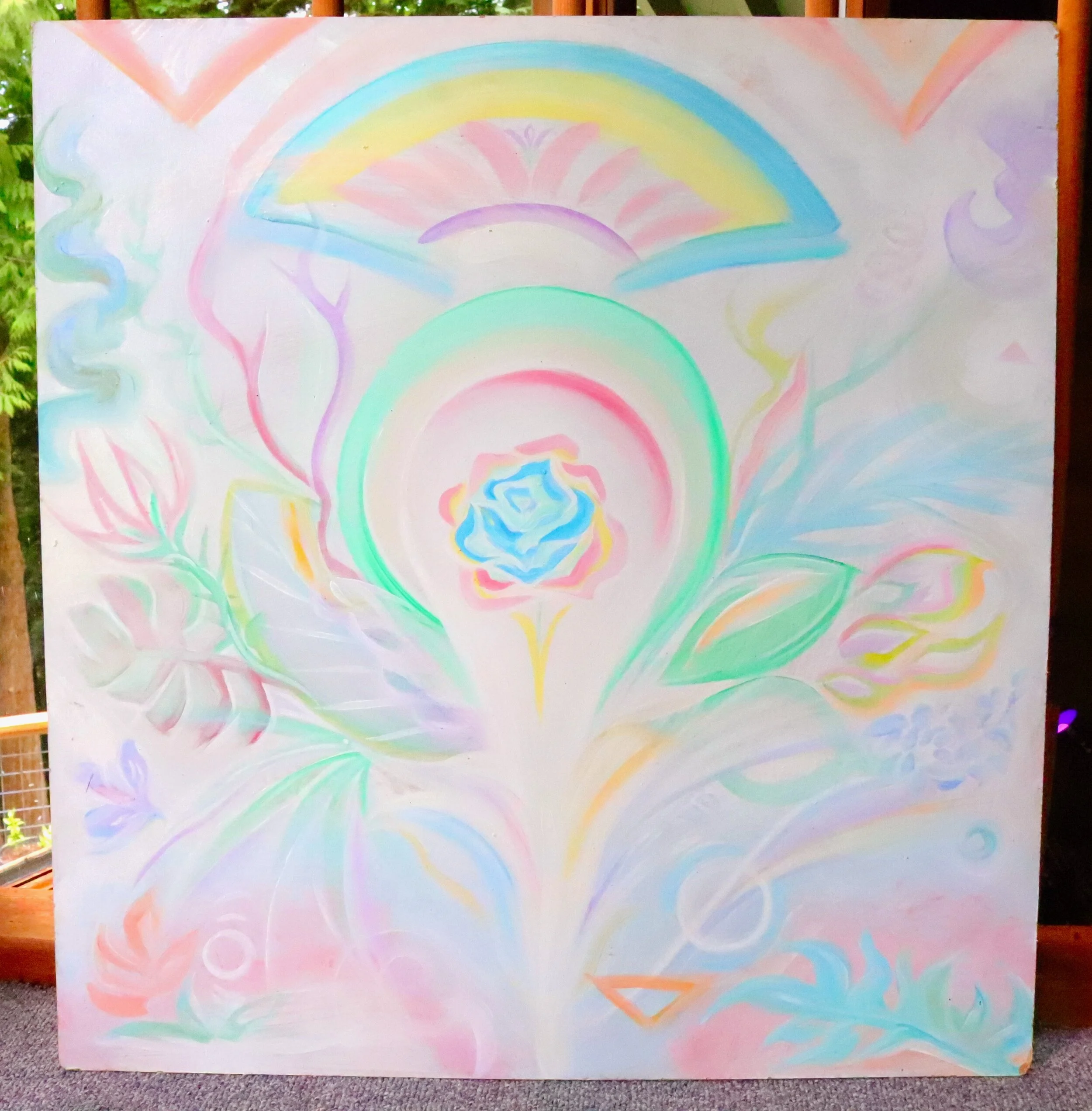 A light and airy acrylic piece painted on the beach! Almost all holographic paints so this one really shines in the sun