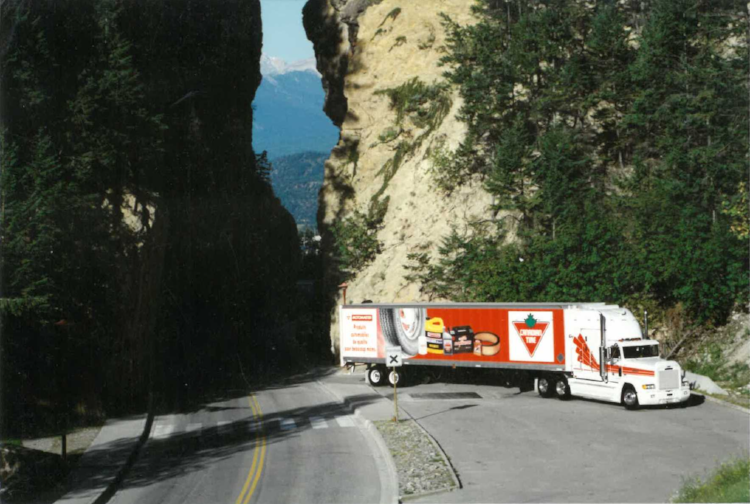  Rene Transport truck stopped near Radium Hot Springs, BC in 1994. 