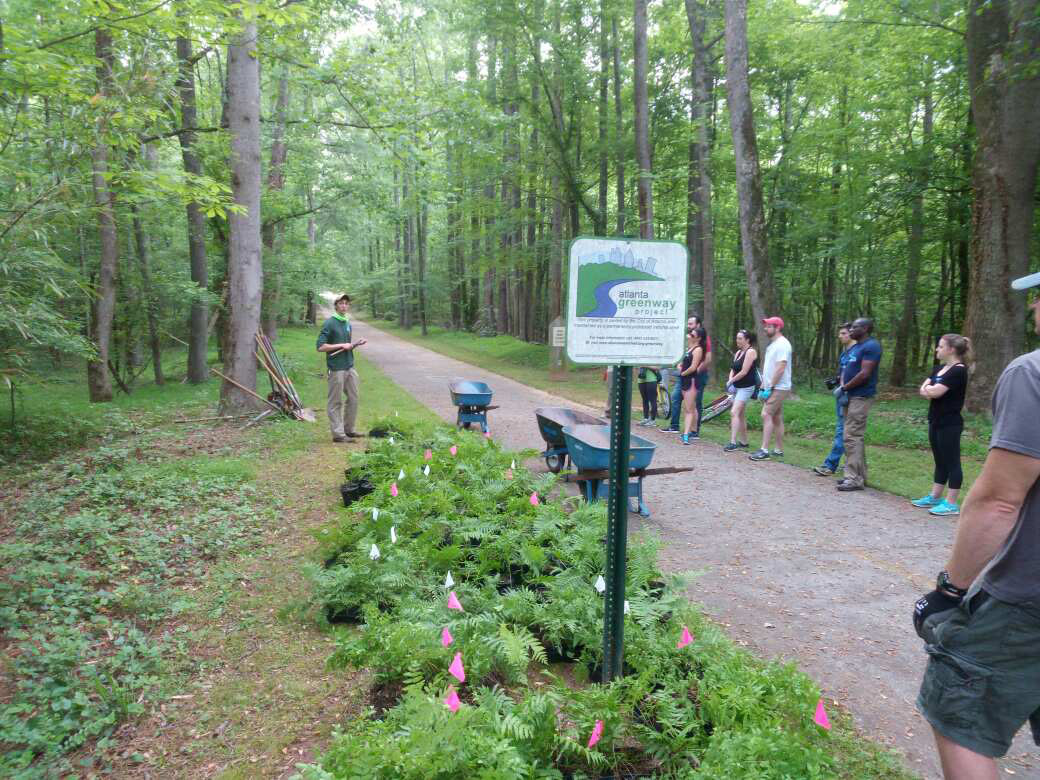Our volunteer group at Perkerson Park receives a brief orientation for the day from Trees Atlanta coordinators.