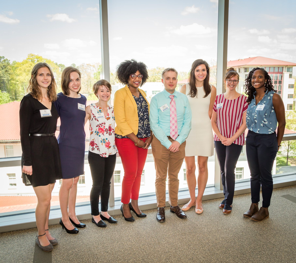 EScAN hosted three alumni in a panel event. From left to right: VP of Outreach Erin King, VP of Finance Erics Landis, VP of Current Affairs Rachel Pearcy, Debra Cooper, Chuck Wright, Chelsey Chandler Ruppersburg, VP of Communications Alyssa Scott, and President Crystal Grant.