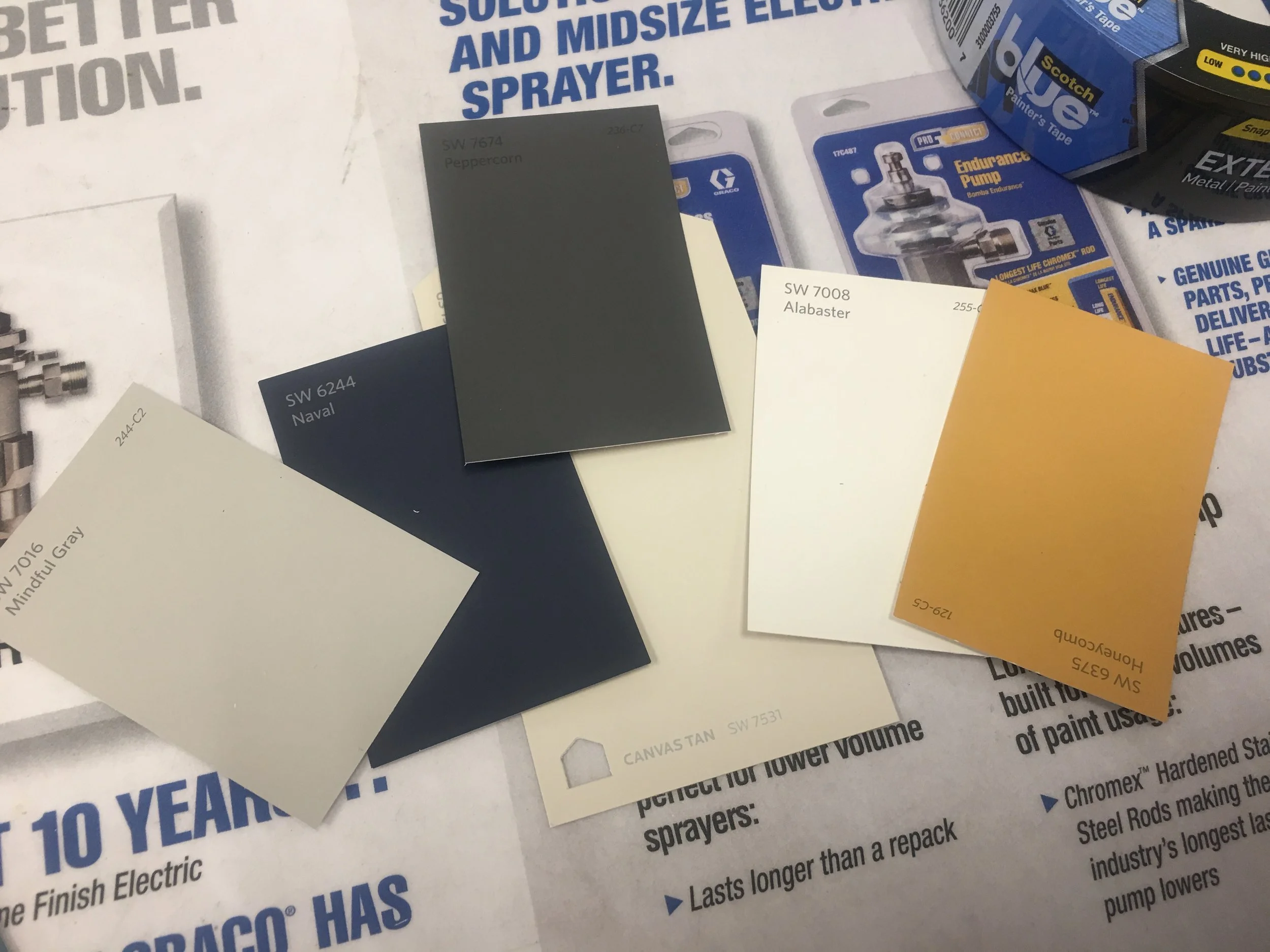 All Sherwin Williams paint colors - Mindful Gray, Naval, Peppercorn, Alabaster &amp; Honeycomb.