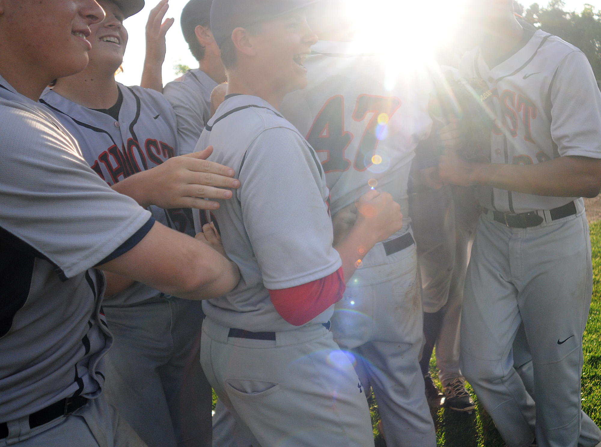  Holy Ghost Prep baseball players celebrate during their 12-1 District One final win against Sun Valley at Spring-Ford High School in Royersford. 