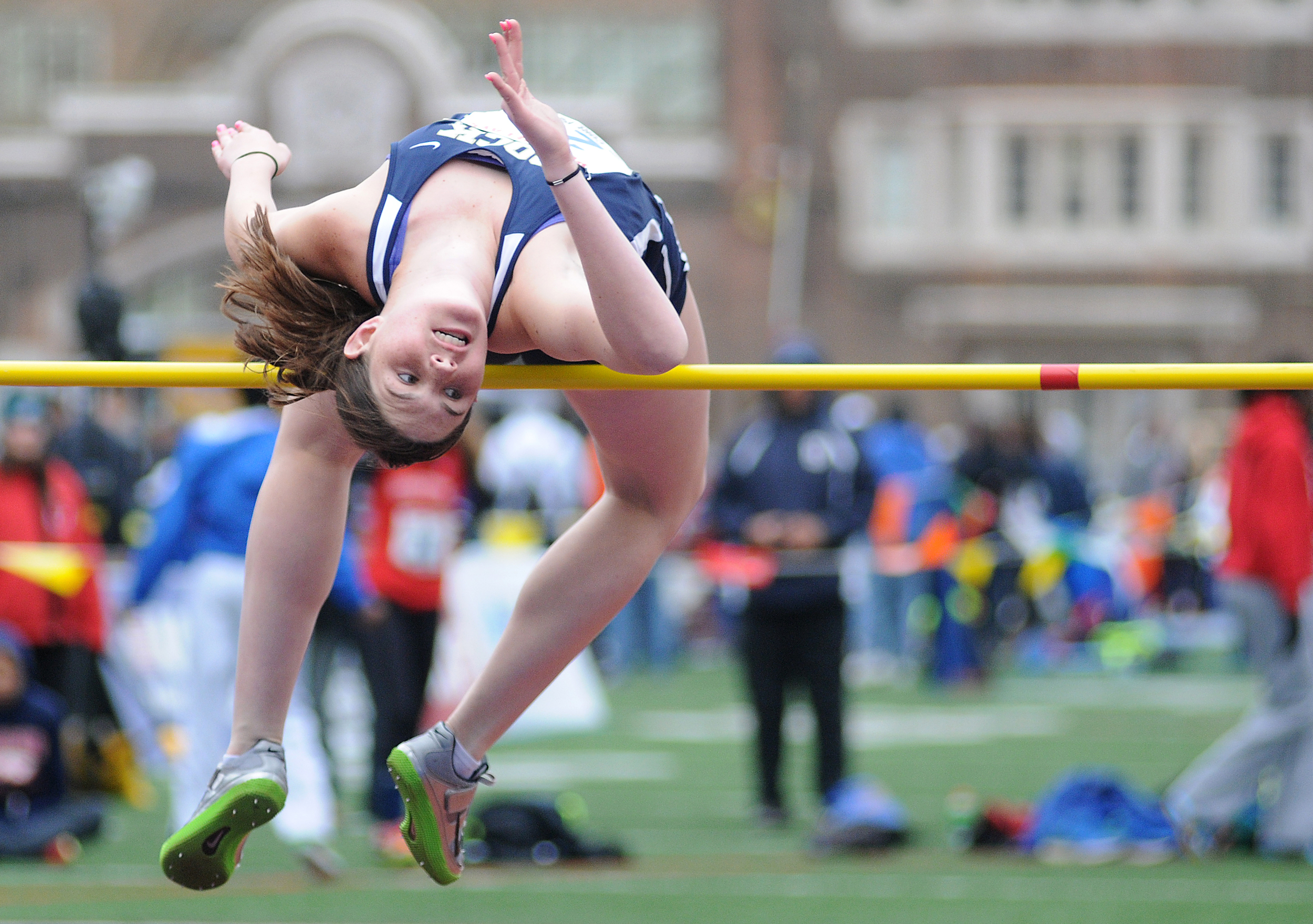  Council Rock South's Shannon Taub participates in the high jump championship during the opening day of the Penn Relays at the University of Pennsylvania's Franklin Field in Philadelphia. 