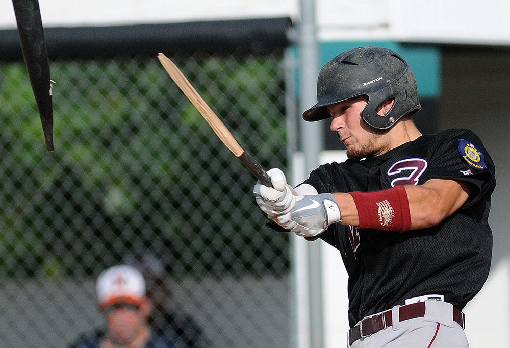  Falls' Brandon Garrett (11) splits his bat in two on a hit during their game against Northampton at Kopper Kettle Field in Southampton. 