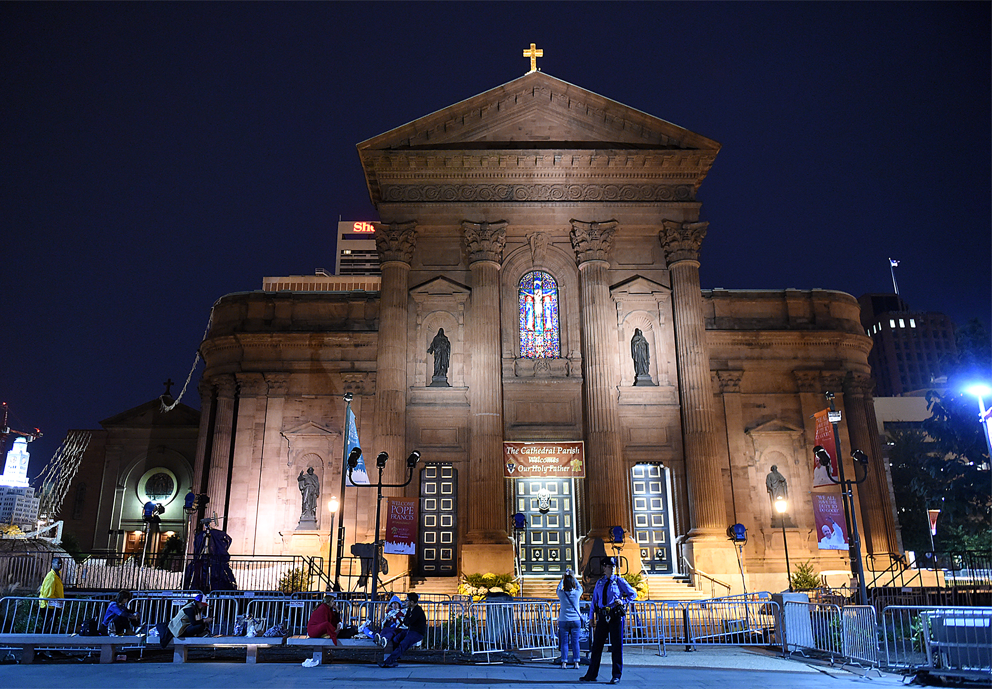  The Cathedral Basilica of Saints Peter and Paul in Philadelphia the night of September 25, 2015, which was preparing for Pope Francis' mass the next day. 