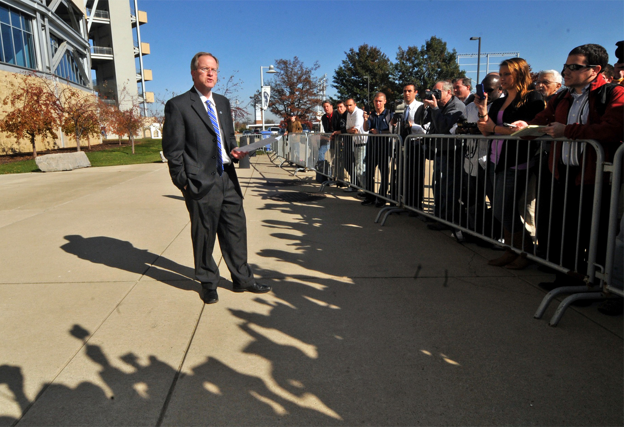  Penn State Sports Information Director Jeff Nelson issues a verbal and written statement to the media just before noon on November 11, 2011 outside of Beaver Stadium saying that "Due to the on-going legal circumstances centered around the recent all