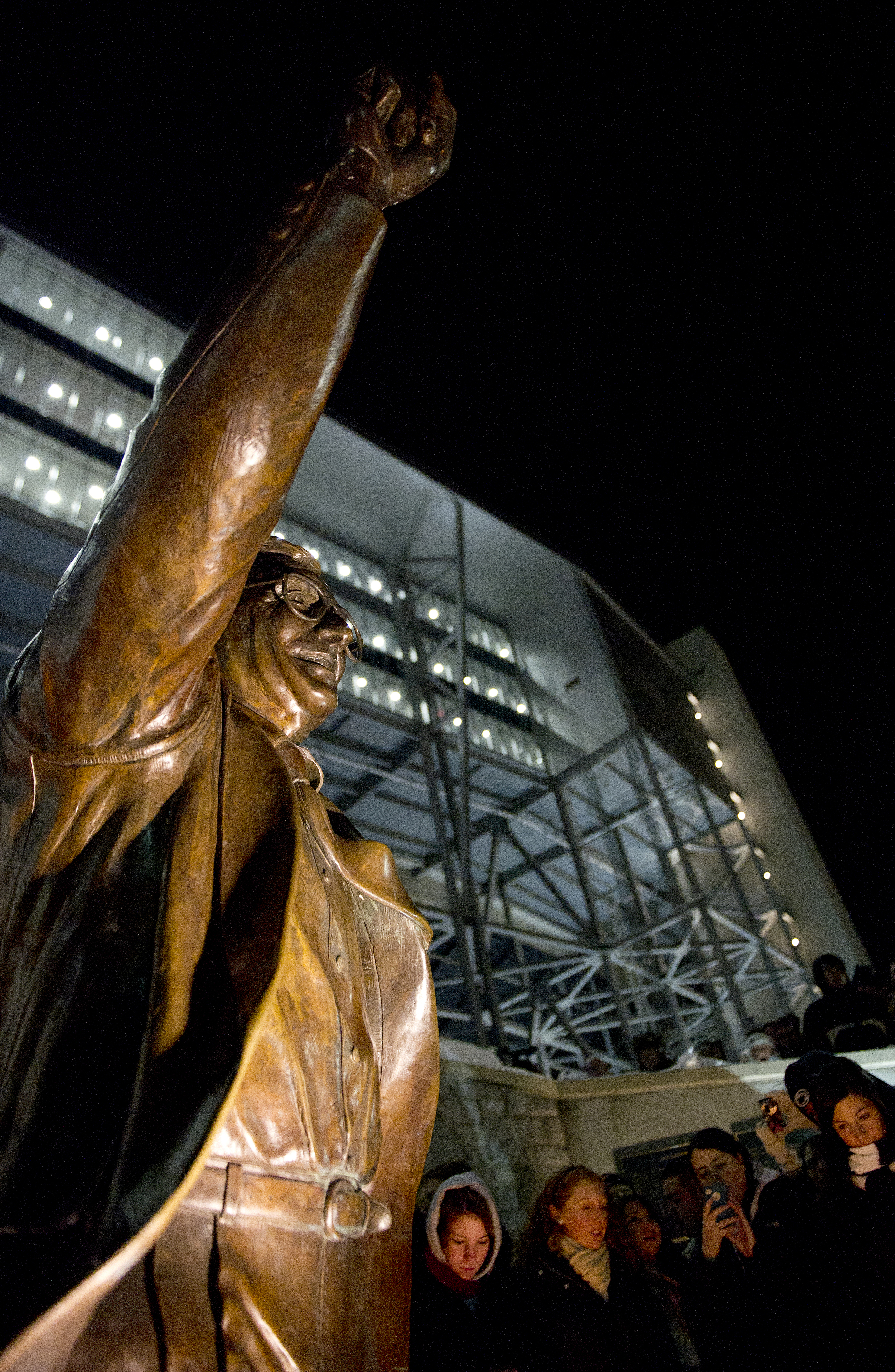  Students gather outside of the Joe Paterno statue on Saturday night amidst false reports that the former coach had passed away due to complications with his lung cancer. 