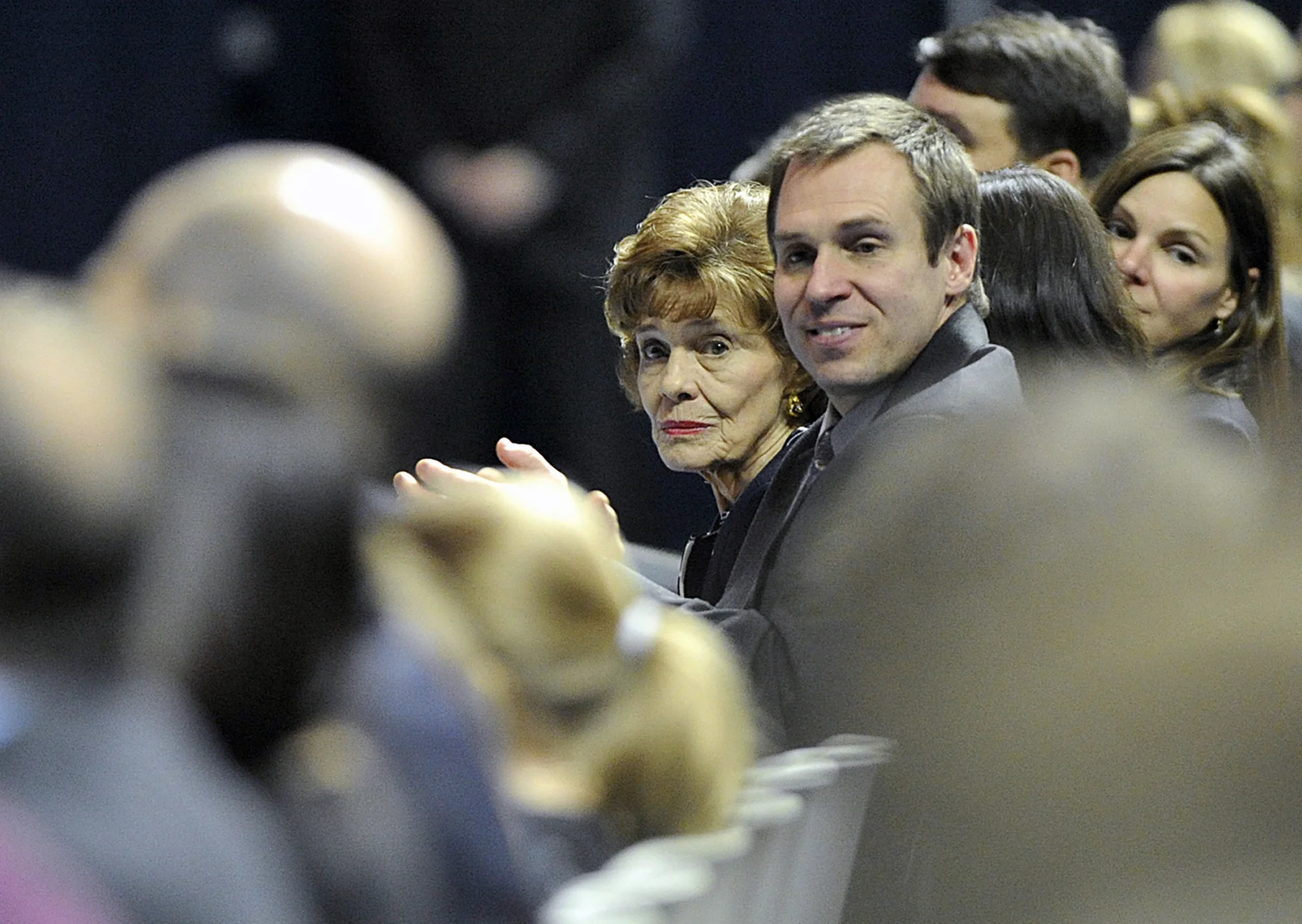 Joe Paterno's wife Sue Paterno and her son Dave sit front row at the Joe Paterno memorial on Thursday, Jan. 26, 2012 in the Bryce Jordan Center.