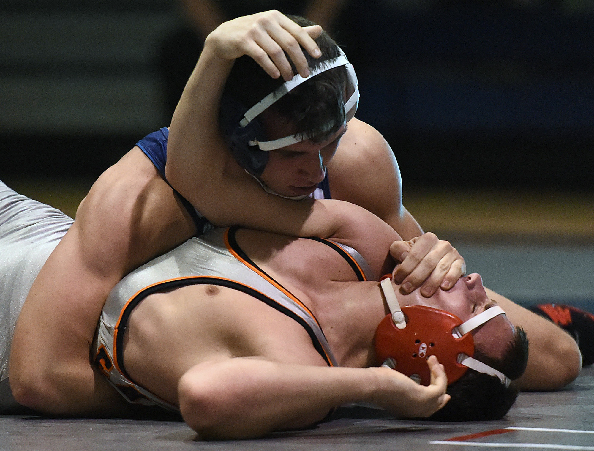 Council Rock North's Josh Shalinksy wins his 100th career match against Pennsbury's Connor Gowton in their 170-lb bout during their match at Council Rock North on Wednesday, Dec. 23, 2015.