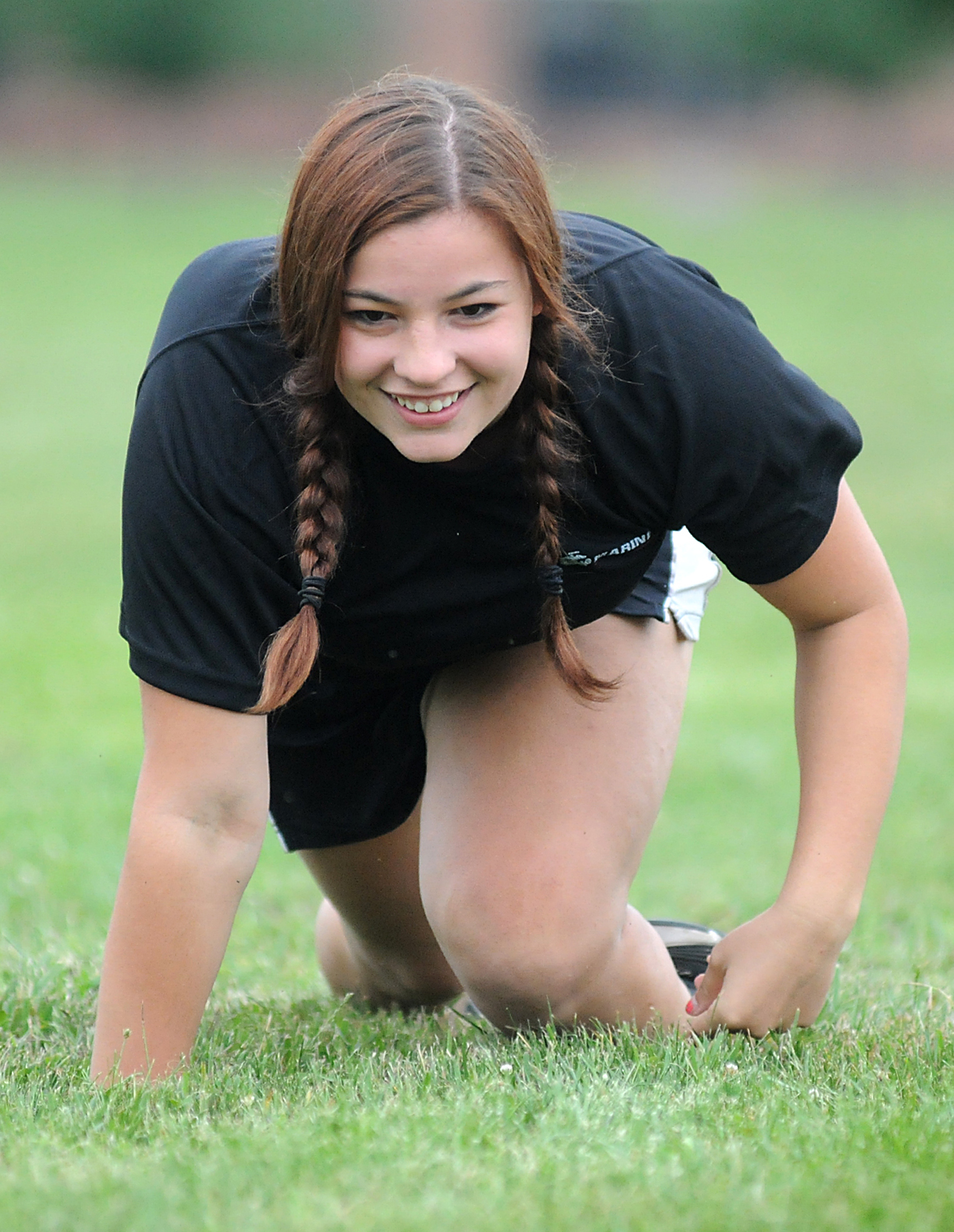  Dee Hubay participates in PT with other recruits at the Marine Recruiting Sub Station Oxford Valley in Bristol Township on Thursday, June 25, 2015, ahead of her boot camp sendoff in August of 2015.    