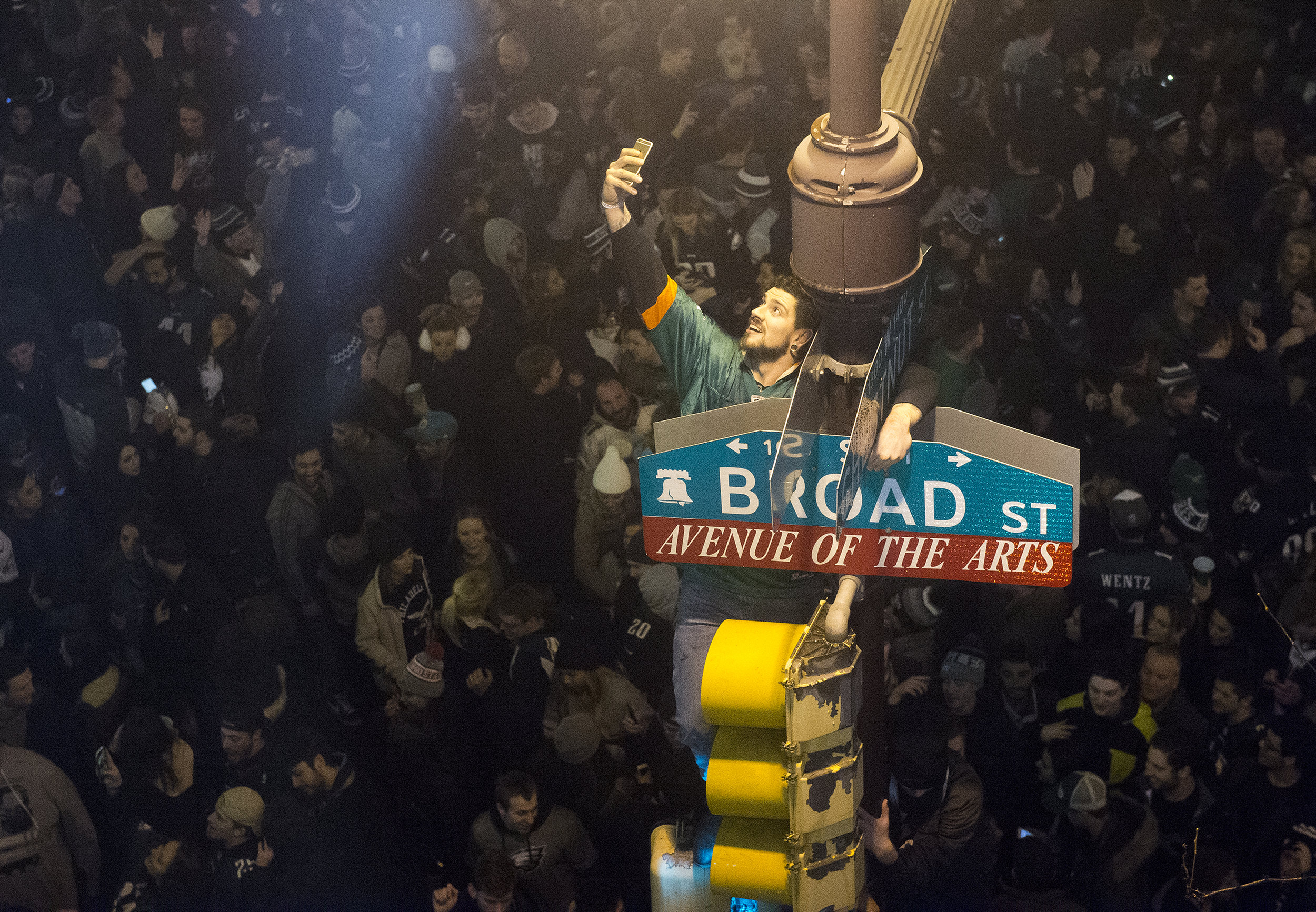  Philadelphia Eagles fans react on Broad Street as seen from a Center City Walgreens to the team's 41-33 victory over the New England Patriots in Super Bowl LII on Sunday, February 4, 2018. (Shot for PennLive) 