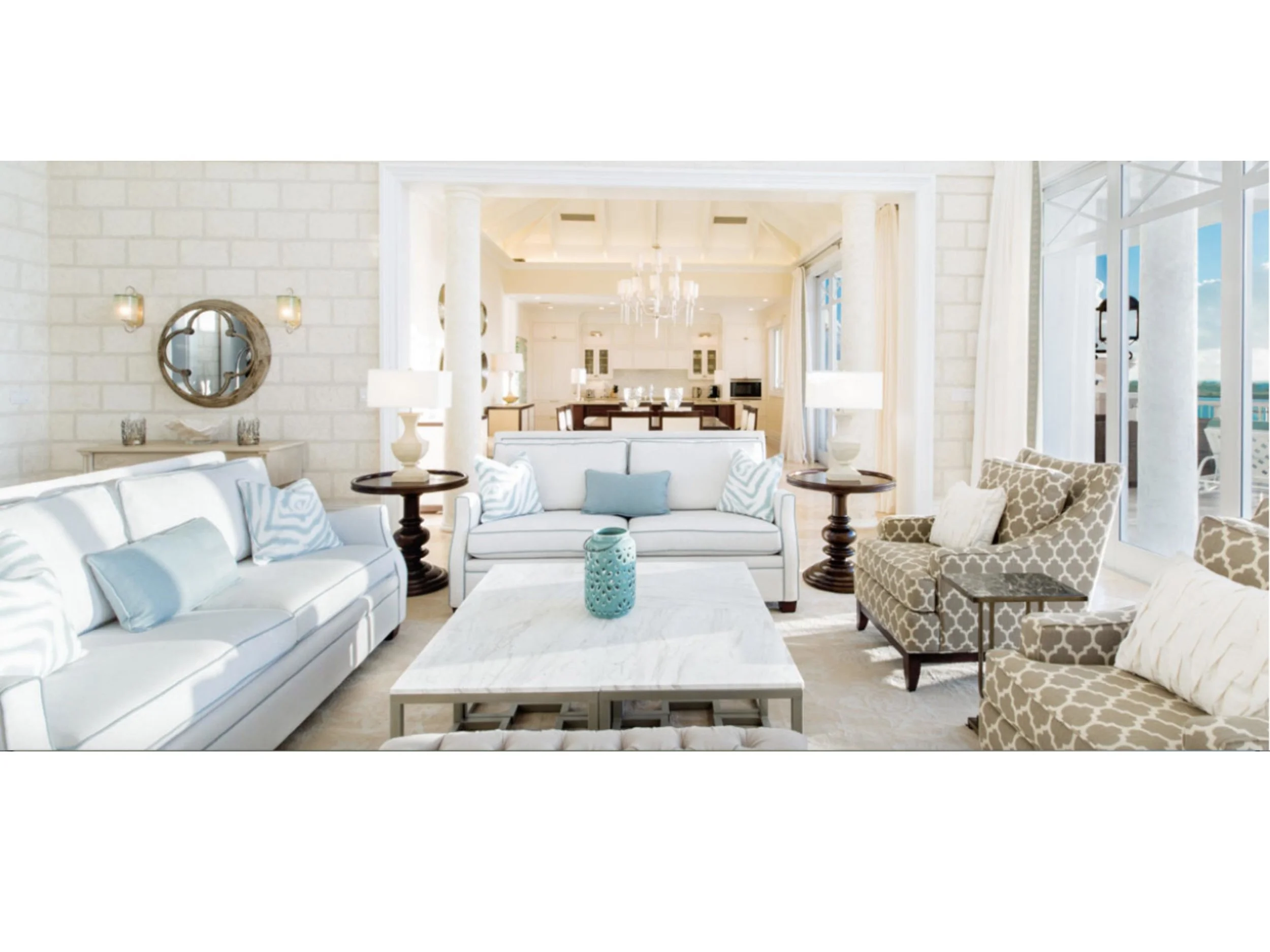 A fabulous, bright & airy living room design complete with Libby Langdon's Haynes Sofa, Loveseat, and a pair of Whitaker Chairs.