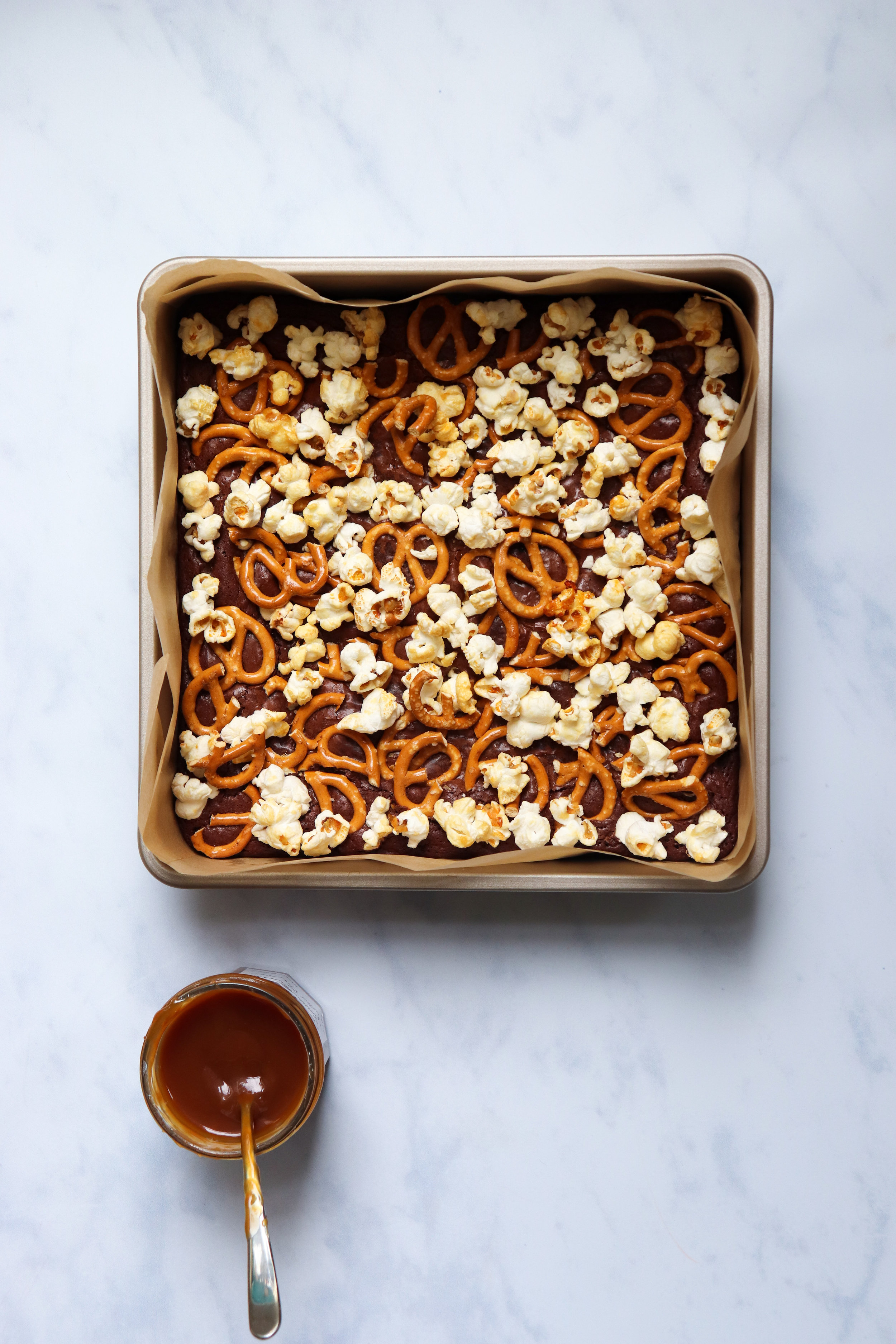 Salted caramel popcorn pretzel brownies — Baking Martha
