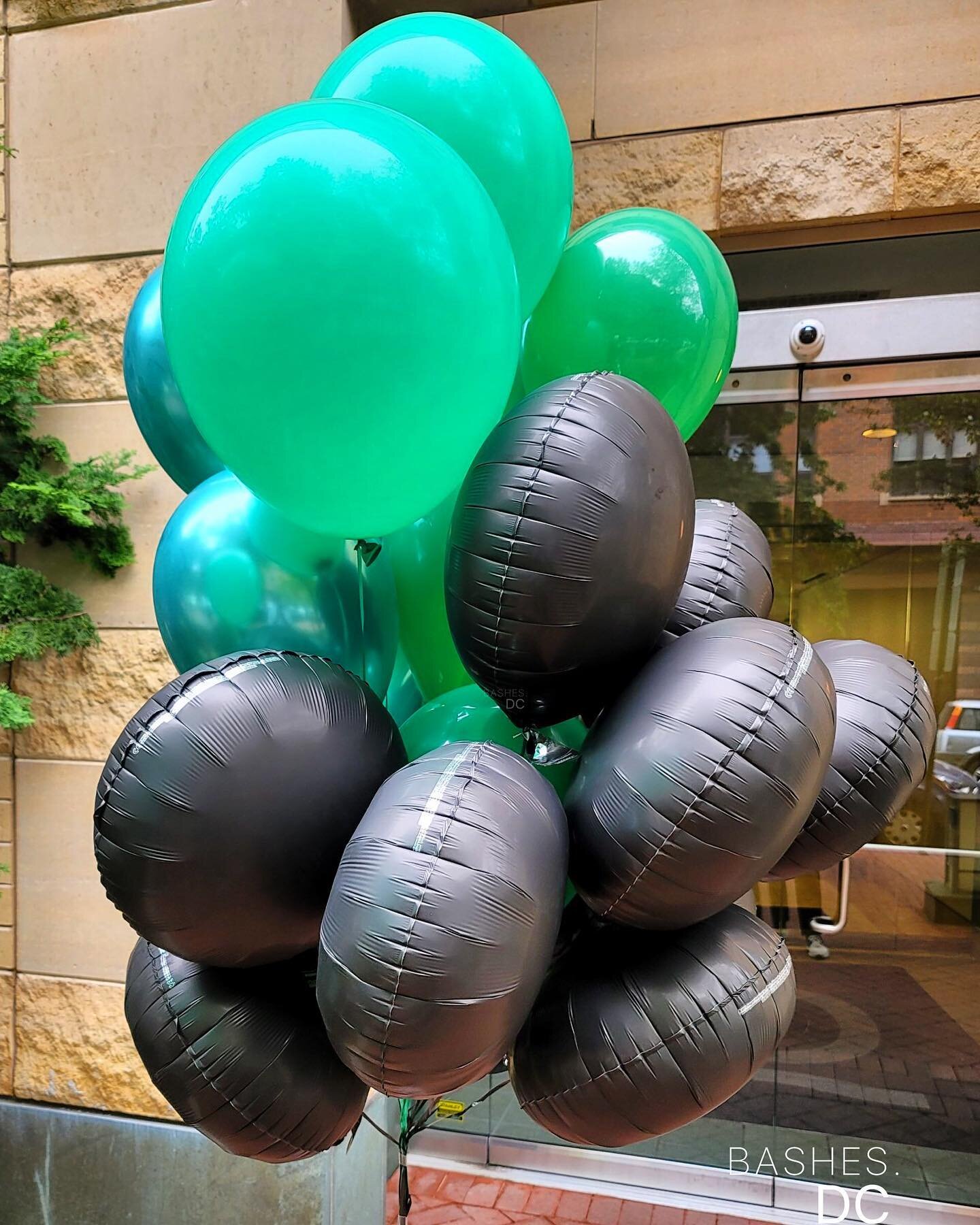 Satin mini foil round balloons with a pop of green! BASHESDC.COM