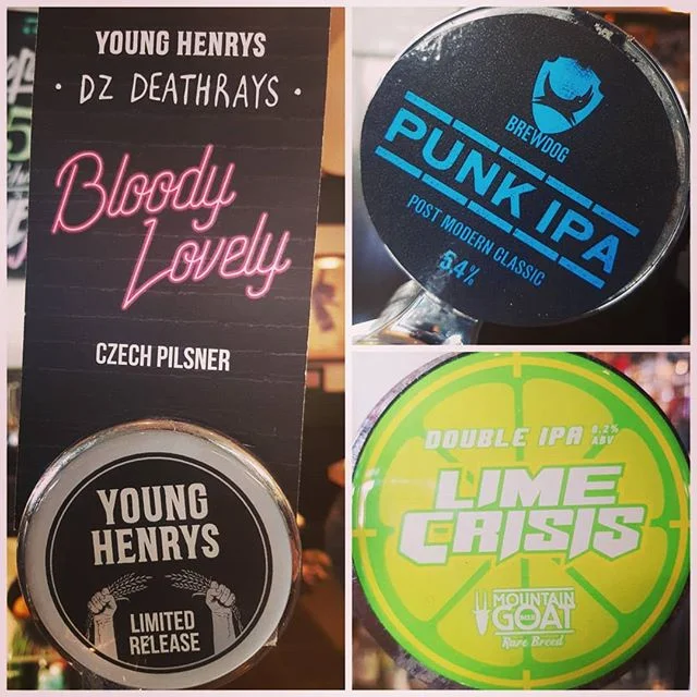 Come check out these freshly tapped brewties! @younghenrys collab with @dzdeathrays Bloody Lovely Czech Pilsner, @goatbeer very limited release Lime Crisis Double IPA from their rare breed range and all the way from Scotland @brewdogofficial present 