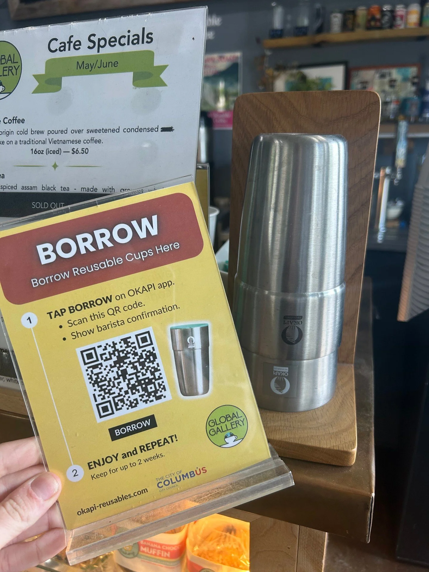 Did you know you can borrow one of our reusable cups for your drink and get 50&cent; off? ☕♻️

Here&rsquo;s how it works:
&bull; Scan the QR code on the OKAPI app
&bull; Show the barista your confirmation
&bull; Enjoy your drink in a reusable cup for