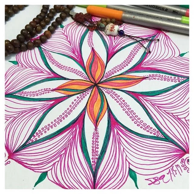 mandala sketch with mala beads and art journal - creativity coach and artist desiree east