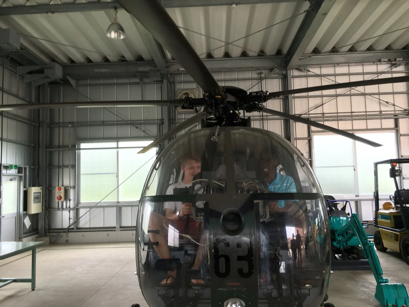 Testing out an old military helicopter at the Chiba Institute of Science's marina campus