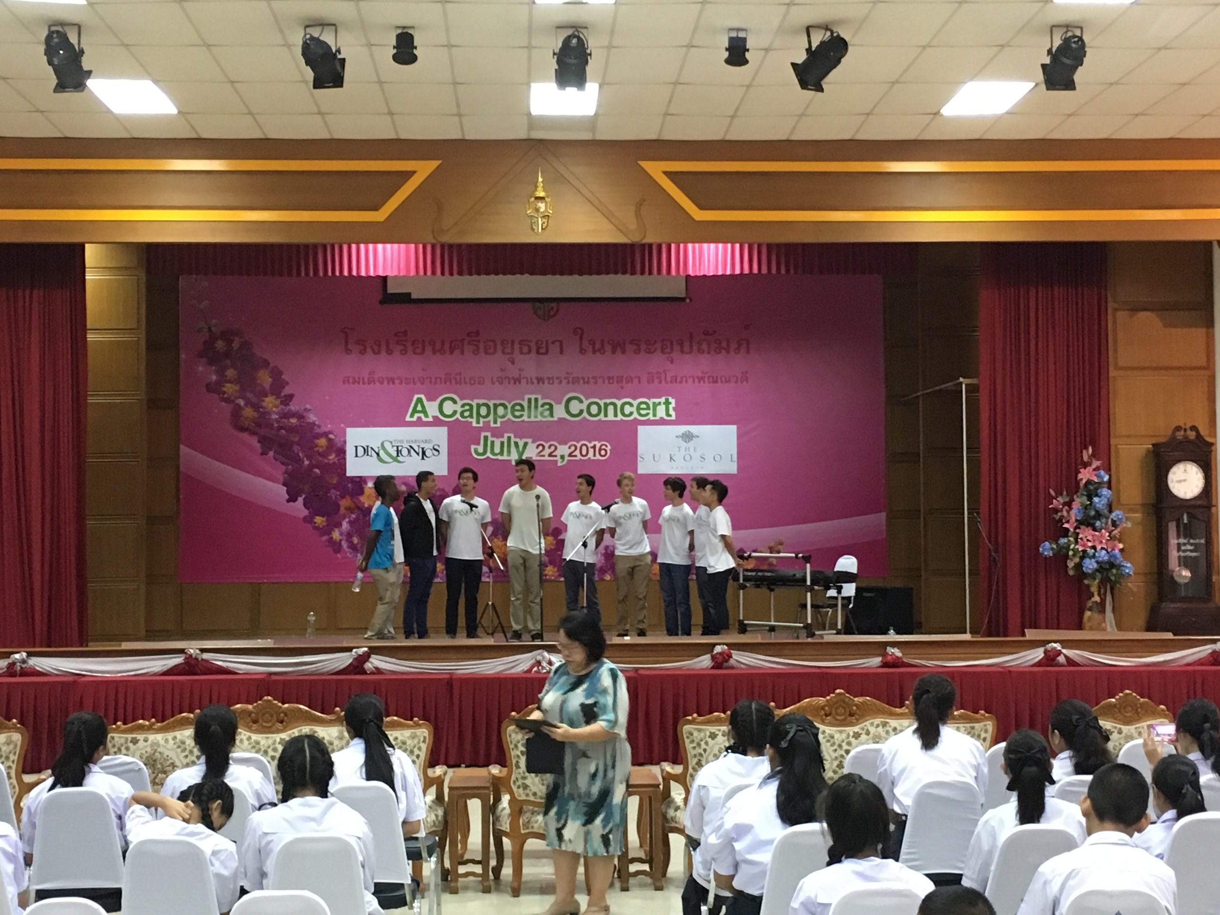 On-stage in casual gear at the Sri Ayutthaya school