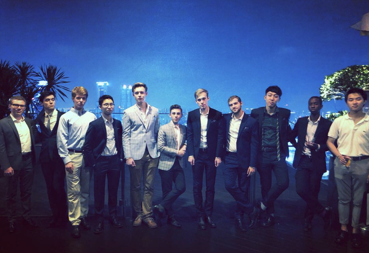 Some of the Dins christening their brand-new Pinkys Suits on the top of the Marina Bay Sands Hotel!