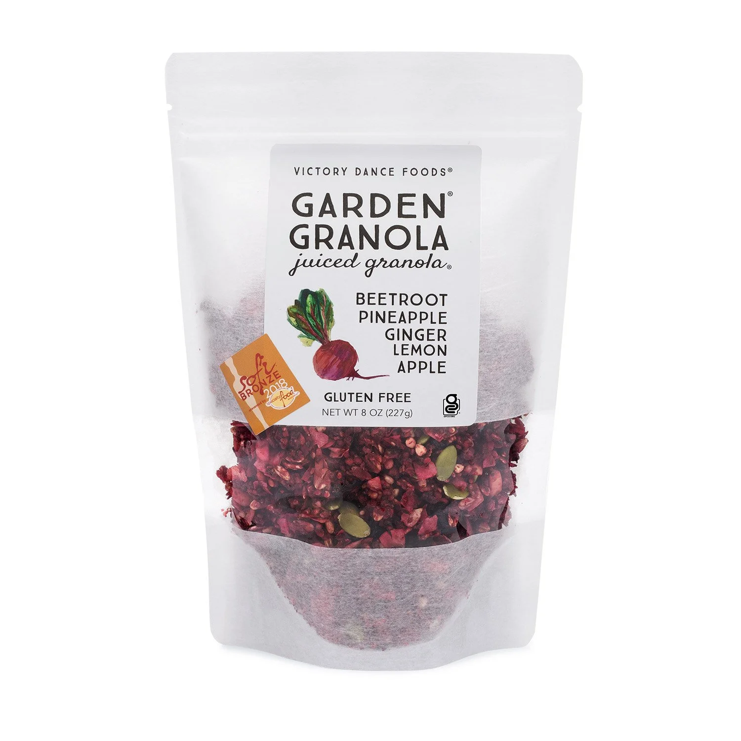 8 ounce bag of Victory Dance Foods Beetroot Ginger Garden Granola®, a gluten-free superfood granola made with vegetables and fruit, on a white background.