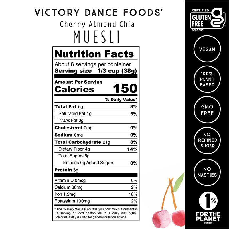 Nutrition facts for Cherry Almond Chia Muesli. 150 calories per 1/3 cup. Gluten-free, vegan, no added sugar.