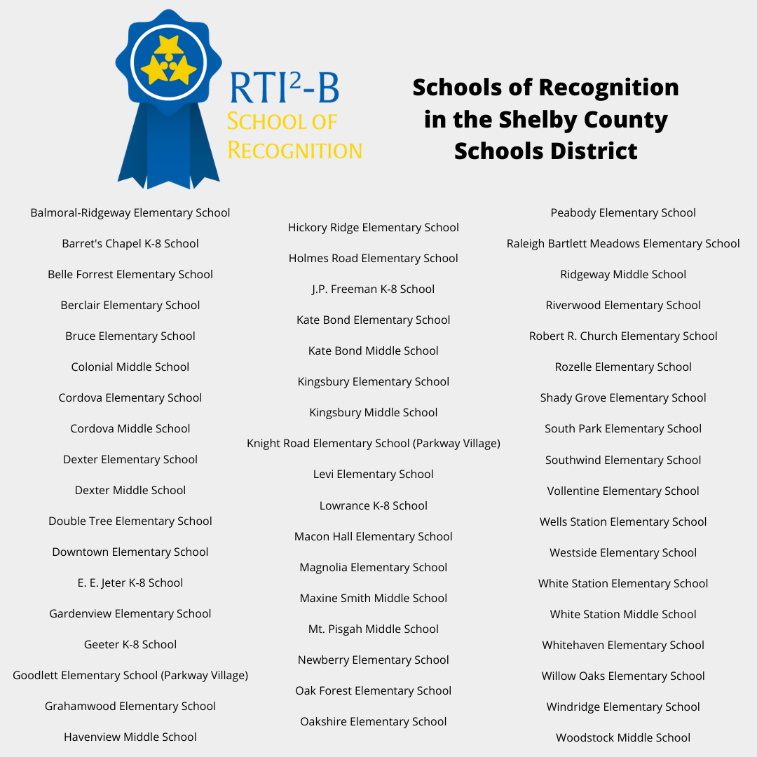 This graphic depicts our RTI2-B Schools of Recognition in the Shelby County Schools district.